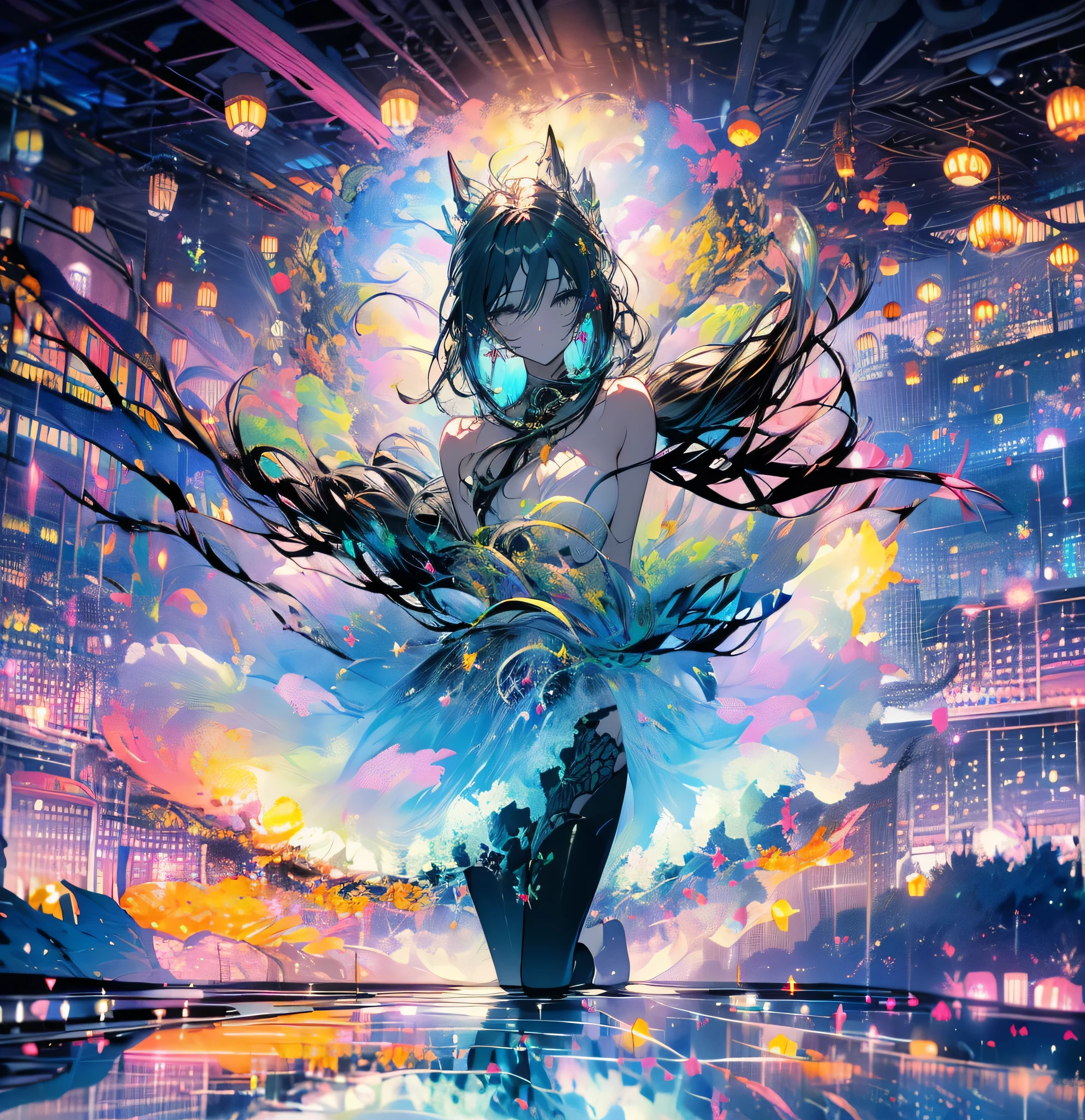  long and beautiful thighs and legs;sitting cute pose; staring on sky; mini-skirt; full stockings; aesthetic; bohemian; realistic; skinny fit; emo; ; night city background; Dark fantasy ; focus on hips; goddess; beautiful solo girl; epic scene; black and yellow outfit; emotional