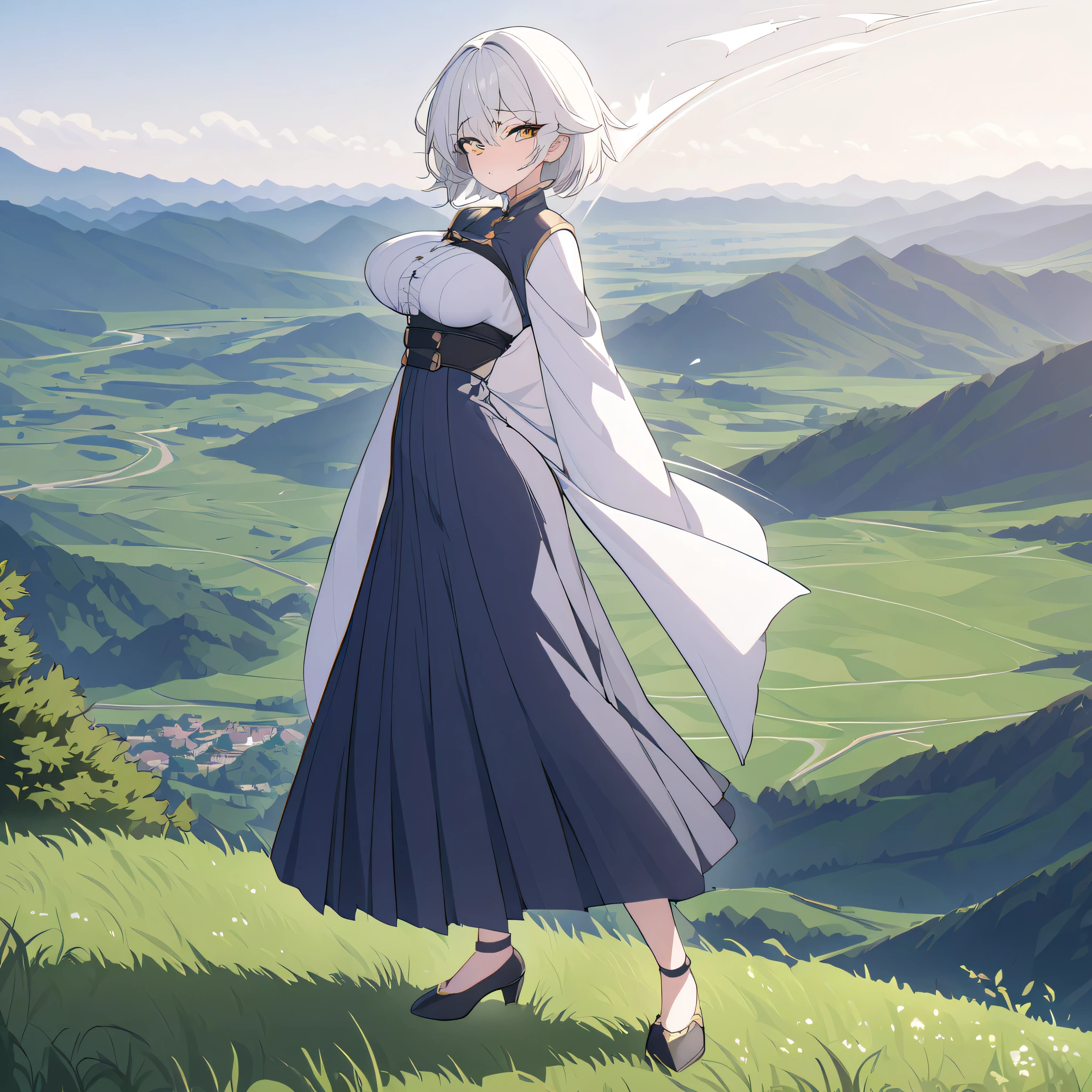 masterpiece, landscape, fantasy, (pythoness), BREAK, solo, 1 skinny girl standing, arched back, (bouncing large breasts), tiptoe, pigeon toed, looking at viewer, BREAK, narrow shoulders, (large breasts), (too short torso), (too short waist), too narrow waist, very small stomach, skinny hip, skinny thighs, skinny legs, BREAK, (flapping long robe:1.2), (flapping long skirt cinches underbust)