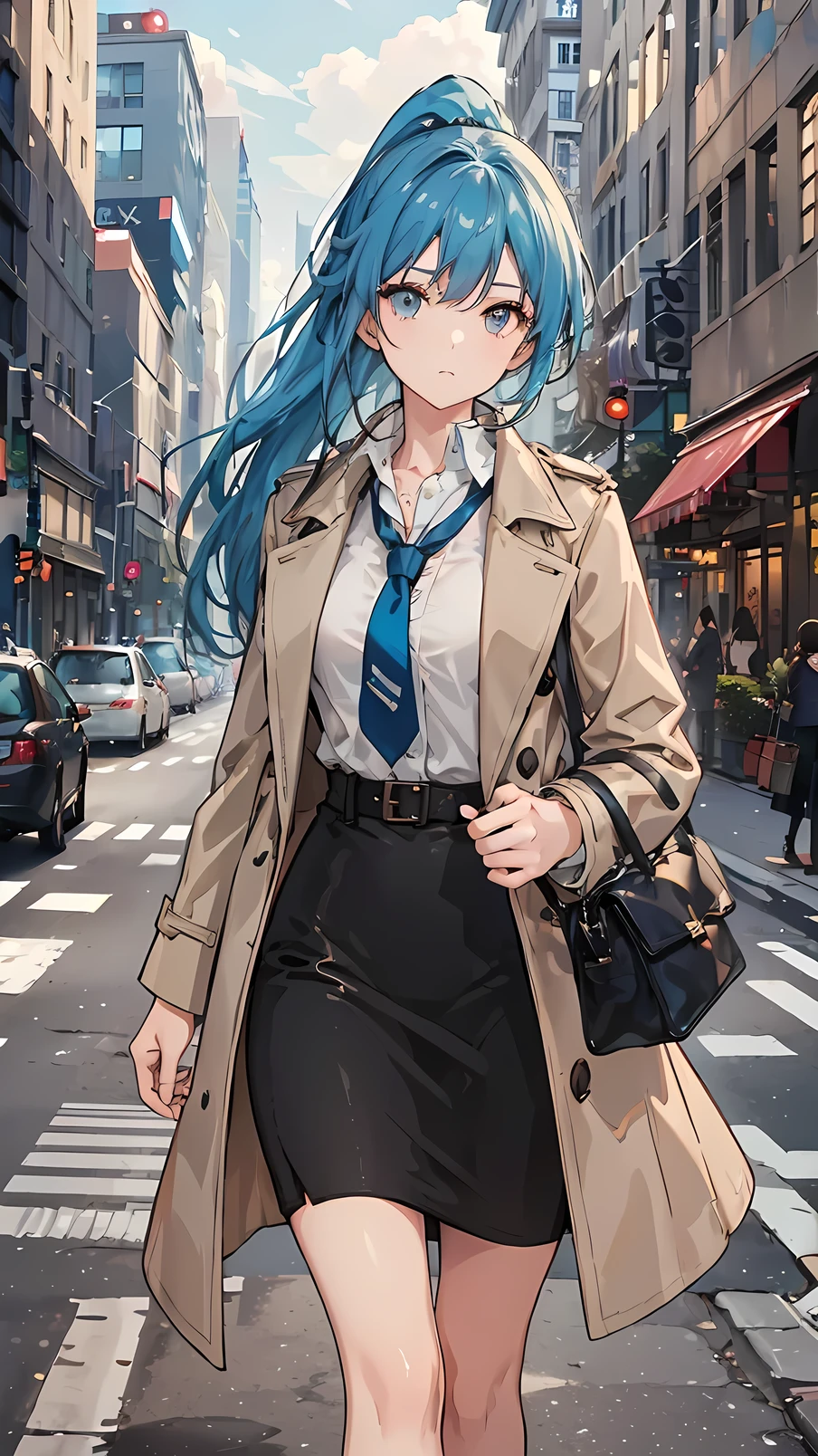 (((masterpiece))), textured skin, (super detail), best quality, ((high details)), A stylish young woman in her mid-20s is walking towards her office in the morning. She wears a light beige trench coat suitable for spring, with a neatly buttoned blouse underneath and a fitted pencil skirt. Her long, blue hair is elegantly tied back in a ponytail. She carries a sleek handbag in one hand and has a confident, professional expression. The background shows a city street with soft morning light, creating a warm and productive atmosphere. The image has a photorealistic style with sharp details and natural lighting