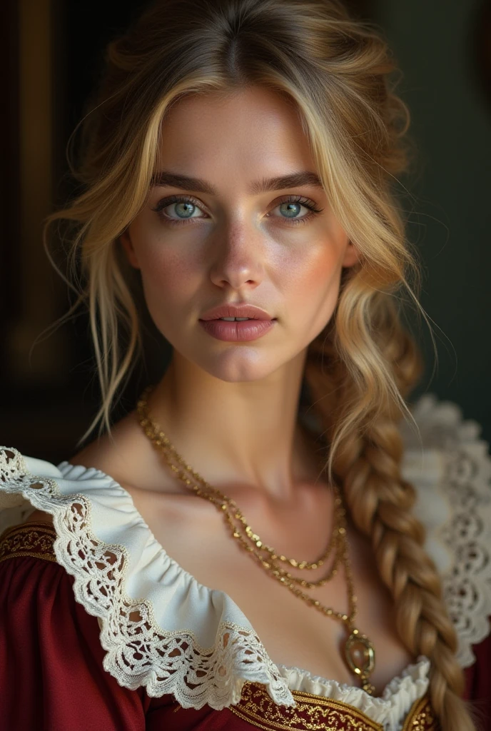 A young woman in the prime of her beauty, her visage suffused with the timeless allure of a Renaissance muse. She stands confidently in a darkened chamber, the dramatic chiaroscuro lighting casting deep shadows that dance across her bare, alabaster skin. Her golden hair is meticulously woven into an elegant French braid that cascades down her back, while a vibrant bollenhut, a traditional German headdress, sits atop her head, adorned with intricate floral embroidery. Her eyes sparkle with mischief as she winks with one cerulean eye, the other hidden beneath a playful sweep of long lashes. A crimson smear of lipstick graces her full, inviting lips, matching the rich tones of the dirndl that wraps snugly around her waist, revealing her all-natural, unblemished breasts that rest gently against the fabric. The garment's folds and patterns are rendered with such hyper-detail that each thread seems to leap from the canvas, a testament to the artist's mastery. The background is a velvety black, allowing her radiant features and the crimson accents of her outfit to pop with vibrancy. The 8k resolution captures every nuance of her form, from the soft curve of her neck to the delicate arch of her foot, while the HDR enhances the depth and realism of the scene. This full-body portrait is a modern reimagining of classical art, suffused with a sense of eroticism that whispers of the painter's admiration for the female form. Her posture and expression are coy yet assertive, beckoning the viewer to join in her silent flirtation. The photorealistic style blurs the line between reality and art, ensnaring the gaze and inviting contemplation of the timeless beauty and seductive power that she embodies.