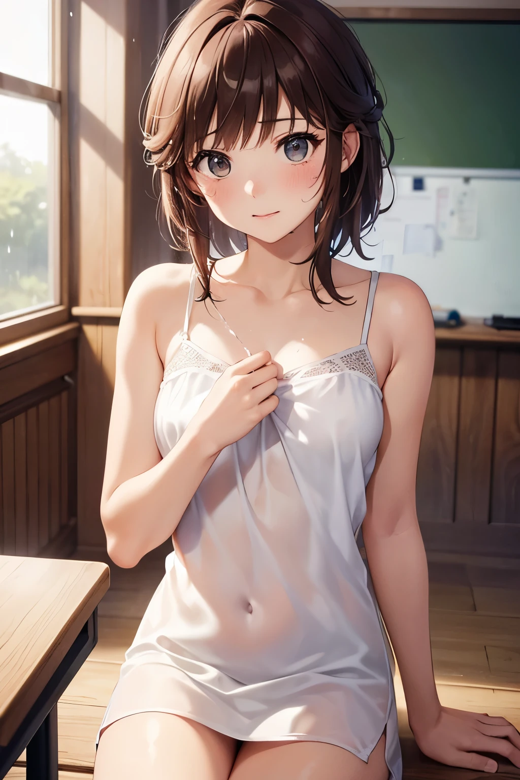 (( girl))、 shiny brown hair , ( beautiful茶色の目、輝く目fine grain)、 crying face、超fine grain、High quality face, Very fine grain,cowboy shot、 girl, Like, evening,
(( top quality, 8k, Masterpiece: 1.3)),
beauty, Hide your face, 1 girl, beautiful: 1.3,
( white camisole), short , (classroomにいる), wet,
High quality face, detailed lips , fine grain, double eyelid, がI was showered with sexual fluid by a pervert後, short hair,Being sexually abused, I was showered with sexual fluid by a pervert ,Open your heart, Sitting, , classroom,