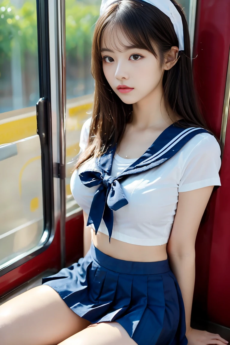 masuterpiece, top quality, perfect body, delicate facial details, facial details, full body, 55-year-old Chinese woman, solo、、, rough breath, crying and shy expression, open mouth languidly, red eyes, drooping eyes, golden hair, ponytail, pretty girl, (big, ,,: 1.3), ((sailor suit: 1.3)), (panties bitten in the crotch, Panties bitten in the crotch, crotch line), curvaceous legs, (crotch wet, liquid flows out from the inside of the crotch: 1.3), ((lots of wet panties, drenched panties)), sitting in a crowded subway, (legs spread wide)
