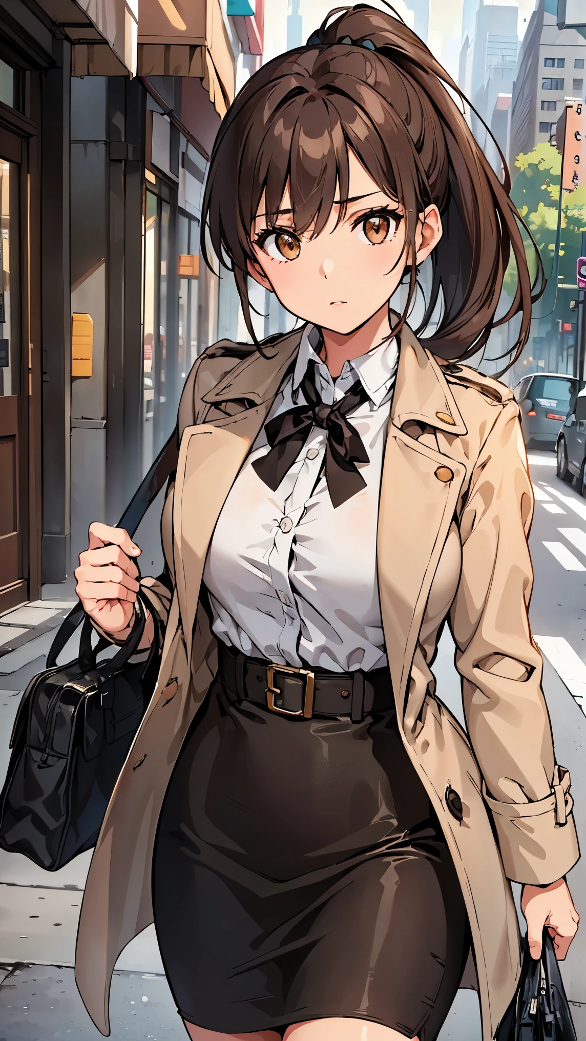 (((masterpiece))), textured skin, (super detail), best quality, ((high details)), A stylish young woman in her mid-20s is walking towards her office in the morning. She wears a light beige trench coat suitable for spring, with a neatly buttoned blouse underneath and a fitted pencil skirt. Her long, brown hair is elegantly tied back in a ponytail. She carries a sleek handbag in one hand and has a confident, professional expression. The background shows a city street with soft morning light, creating a warm and productive atmosphere. The image has a photorealistic style with sharp details and natural lighting