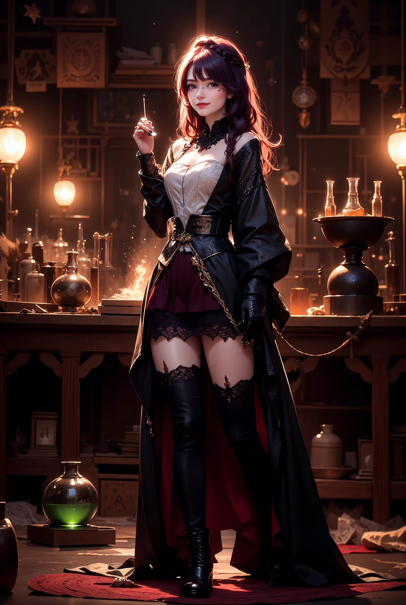 Secret Laboratory, dark Victorian laboratory, flickering candlelight, alchemical symbols, old books, glass beakers, glowing green liquid, gothic heeled boots, black, silver buckles, lace-trimmed thigh-high stockings, dark purple, layered gothic skirt, black and deep red, corset-style blouse, white with black laces, long gothic coat, high collar, dark patterns, round glasses, black leather gloves, potion vials, metal choker, long wavy hair, dark purple, side braid, holding a bubbling potion, sinister smile, confident, mischievous, 
