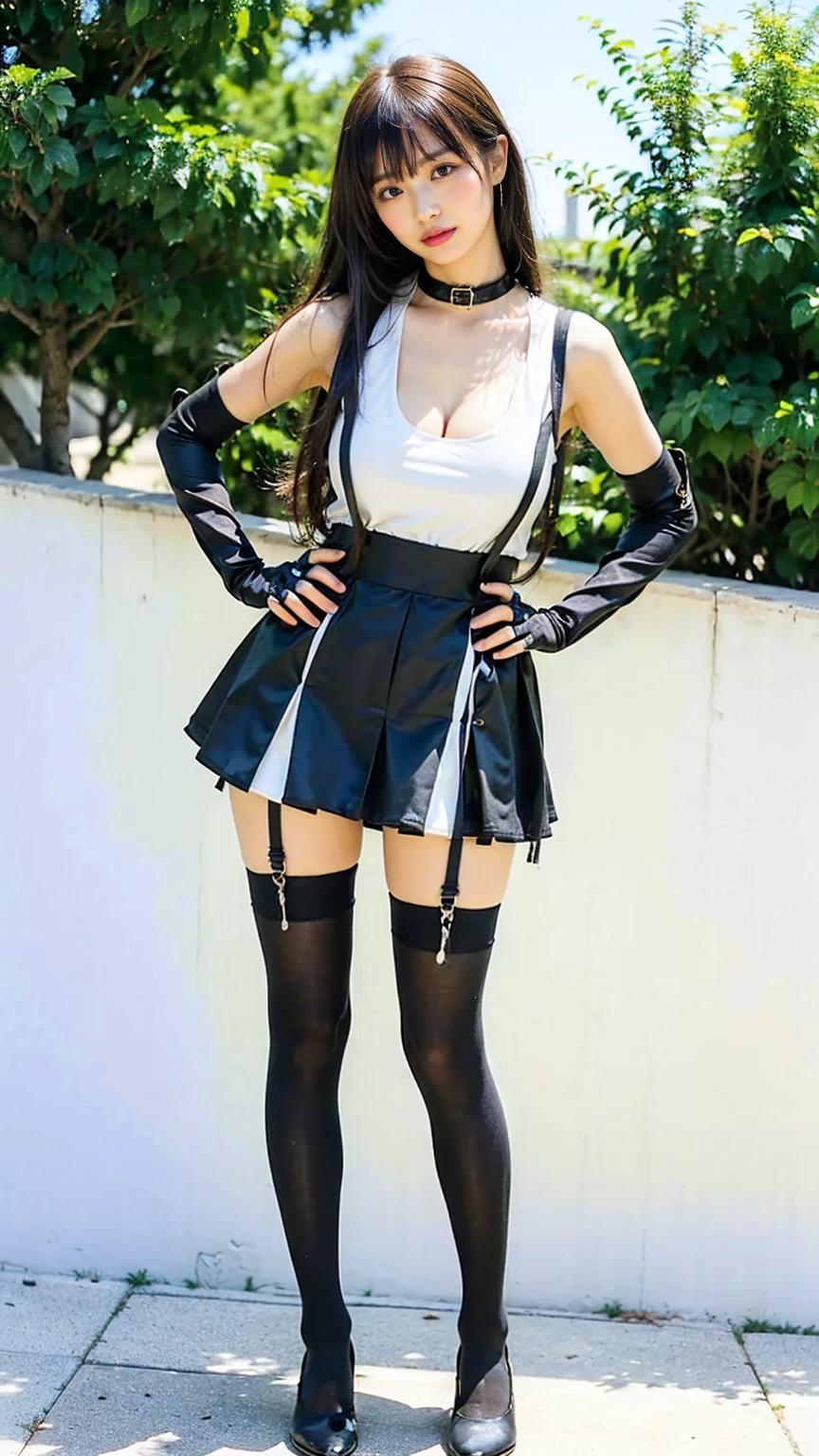 (8k、RAW Photos、Highest quality、masterpiece:1.2)、(Realistic、Realistic)、1 person、((black and white、Cleavage、tights、Gloves、Garter Ring、mini skirt、Thin legs、whole body、boots、View from the front、Looking into the camera、Night Park、Stand with hands on hips))、cute