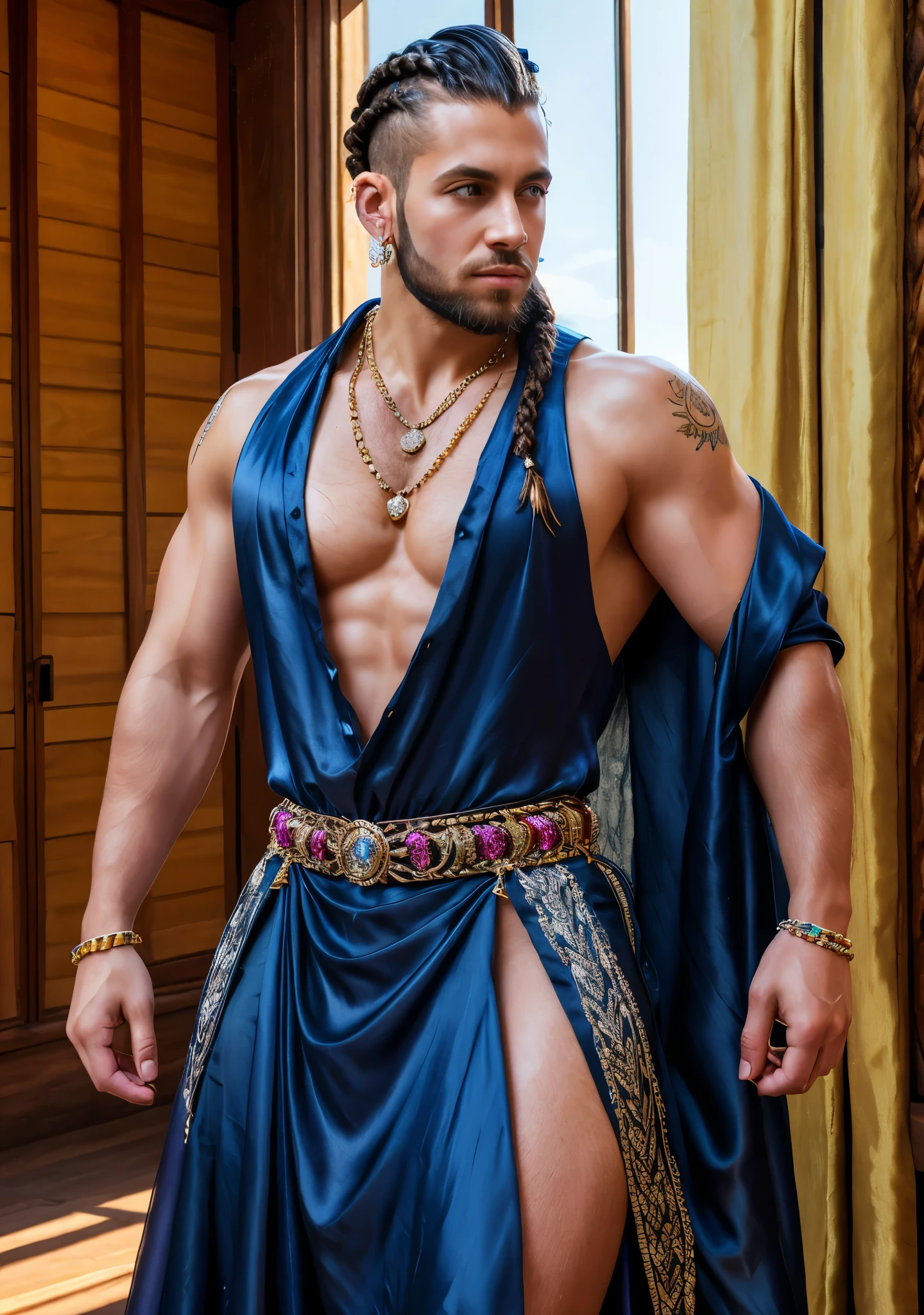 fantasy queen, slim body, mohawk, long thick braid, beard, diamond earrings, full embroidered silk dress, necklaces, bracelets, jewelry, highly detailed, photorealistic, 8K, HDR,