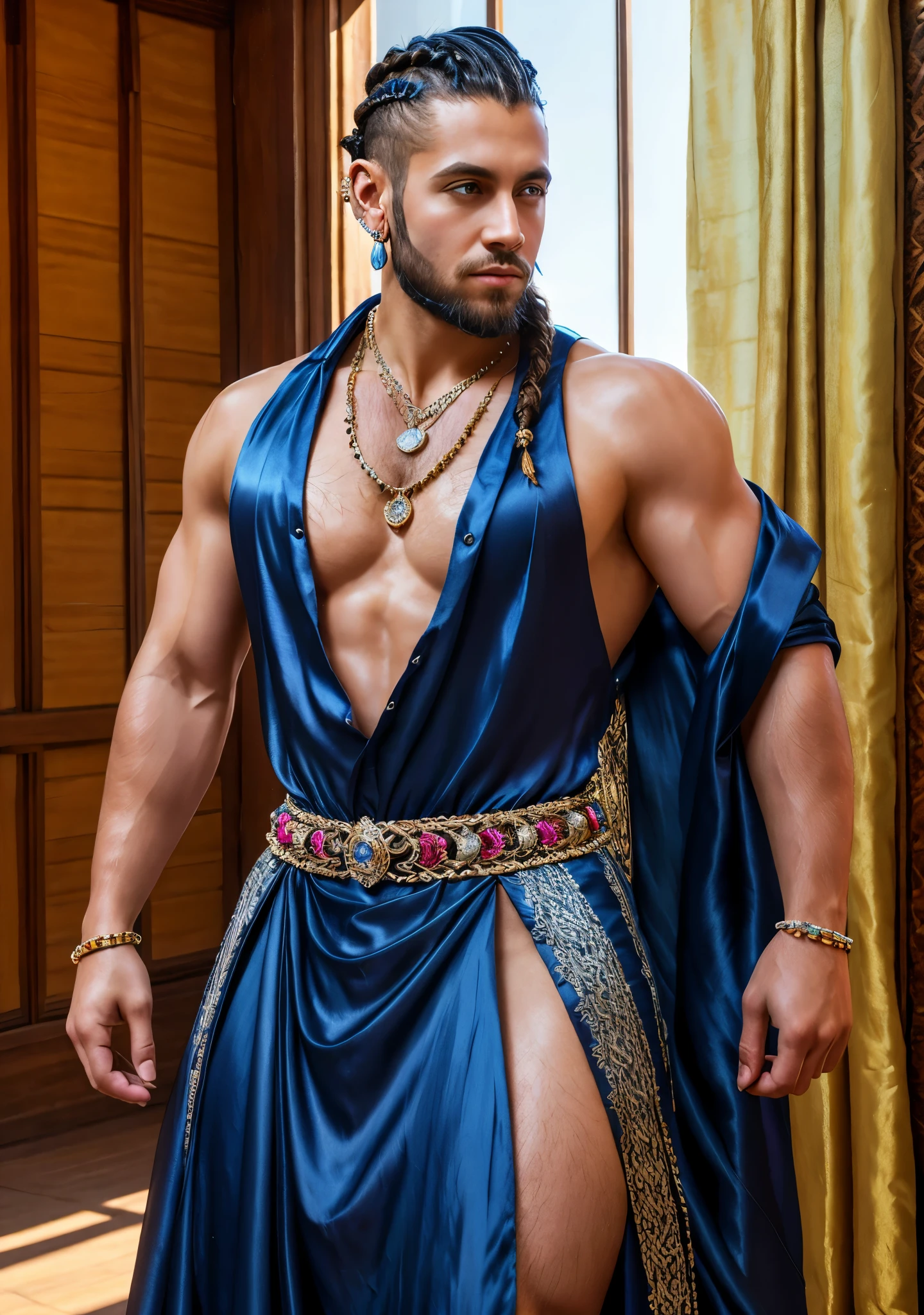fantasy queen, slim body, mohawk, long thick braid, beard, diamond earrings, full embroidered silk dress, necklaces, bracelets, jewelry, highly detailed, photorealistic, 8K, HDR,