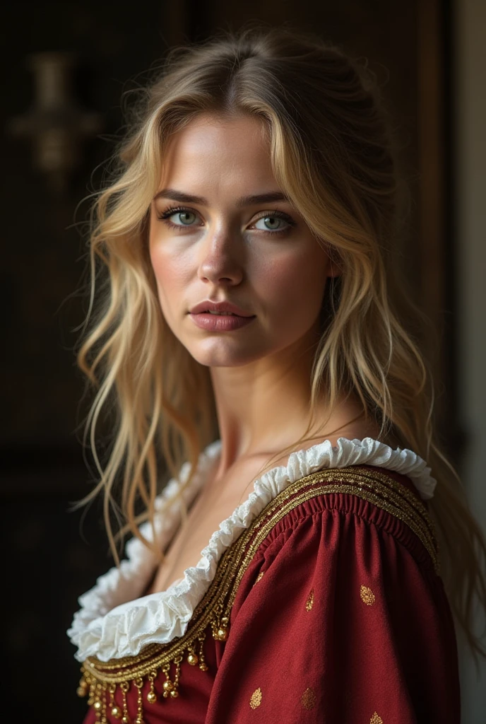 Full body portrait, (RAW Photo) , beautiful blue-eyed girl in her 20s with long blonde hair in ponytail , (((ankle 
length ((red and silver lined satin cape:1.20))+++ tied at the neck))) , leotard , full body, slight skin 
blemishes, sly smile, high-quality ultra realistic style, warm tones, soft lighting, detailed 
eyes, subtle freckles, professional, expressive , 8K , highly detailed
