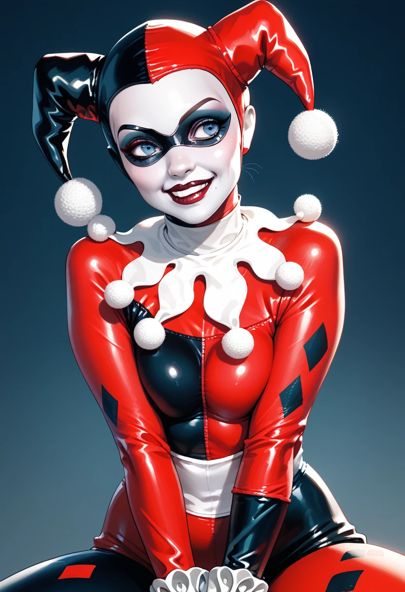 score_9, score_8, score_8_up, young woman, black domino mask, round domino mask, white skin, colored skin, black lips, blue eyes, red and black, jesters caps, harlequin, pretty face, smile, <lora:g0th1cPXL:0.85> g0th1cpxl <lora:HarleyPDXL:0.75>