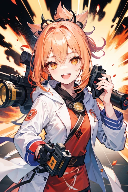 Young Girl, red and orange spiky hair up in ponytail, ponytail looking like explosion, ponytail looks a little like Yoimiya-Genshin Impact hair, lab coat on, goggles on over eyes, goggles covering eyes, holding gun with glowing white accents, excited, confident, smile with teeth