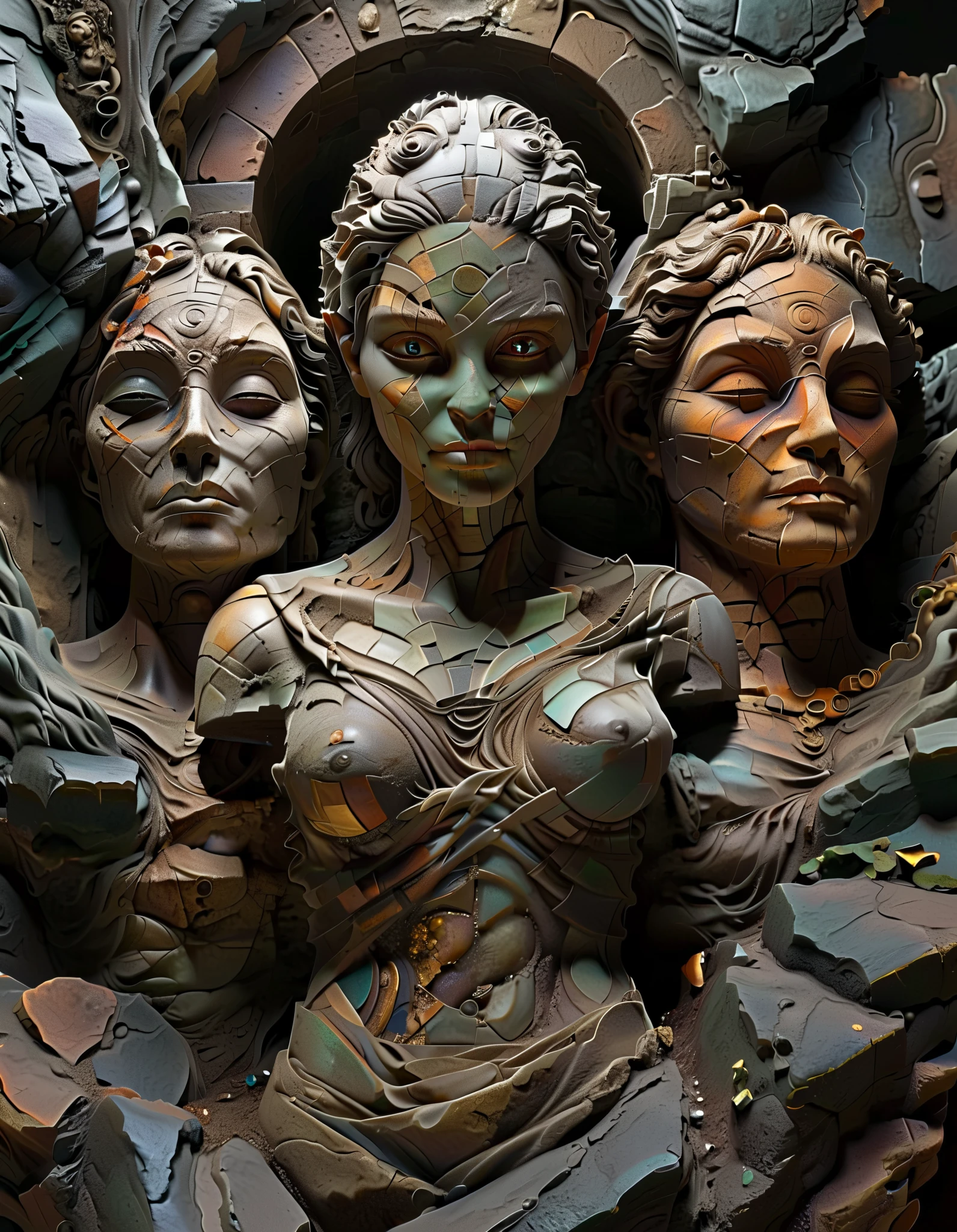  carefully crafted art on an office chair ， Patchwork Style  , Digital Artwork ， depicts a stone sculpture of a male avatar,  Oriental Man 40 Years Old ，bust ，  Four-color Antique  ( black, Copper Green, 棕色and灰色),  Speckled and Plain ,  Outside Thick Inside ,  The dirty and clean interior ,  Inside Carved ,  Damaged Rock ,  Outdated ,  undisciplined ,  mosaic stone , Embedded in a stone wall,  rock statue , by Li Mei-shu,  Beautiful depiction ,  Mysterious Ceramics Statue ,  centered portrait ,, matte painting ,petroglyphs,Assemble ,statue, Hardstone Carving ,puppet,sculpture, phantom engine , octane rendering, Rendered in Octane ,close up(and),中景close up,Hand drawn
