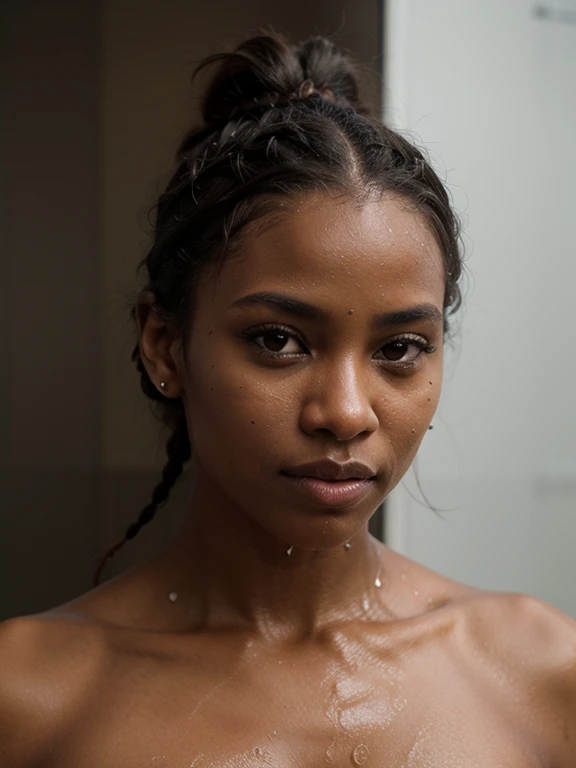 A young (decollete) Sudanese woman (beautiful wealthy) wearing (small red towel) taking a shower 