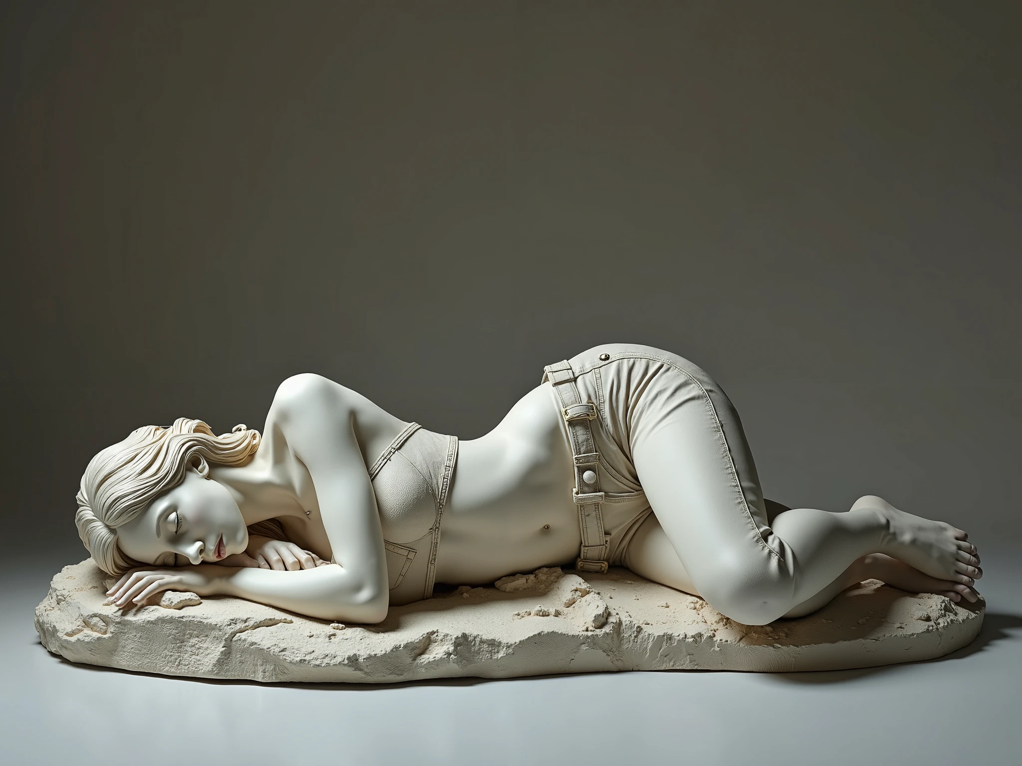 (best qualityer:1.2),1 30 year old woman clays, naked elf in clay sleeping on a rock. ultra-light Argila, Translucent clay 30%, Ceramics, Rough knitted texture, anguished, grimy, Mineral pigments, 3D Argila sculpture art, Argila sculpture, Rough surface, (black shoes,declive,declive background,fundo cinza,cover,lonely,perm)