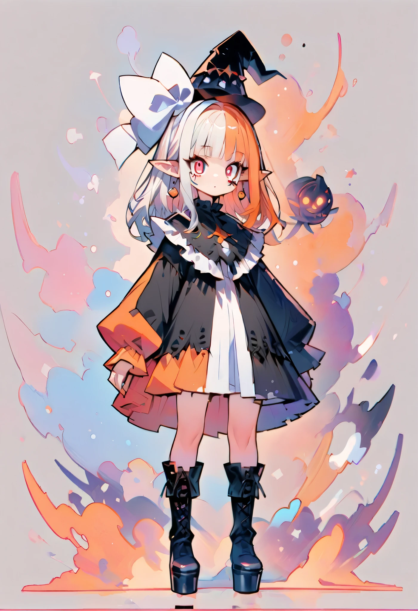 (((Highest Quality))), (Simple background), single, fullbody, standing, thick outlines, 1girl, , Witch, short hair, SPLIT-COLOR, pink and orange hair, pointy ears, red eyes, black dress, white hair ribbon, white hairband, long sleeves, earrings, black boots, detailed face, detailed eyes,