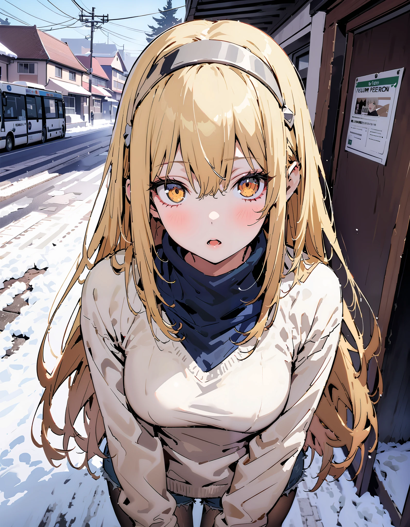  Eyes Wallenstein,  Eyes Wallenstein, Alone,  blond hair left and right,  , white hair band , long hair,  yellow eyes,White Down Coat ,blue scarf , open your mouth, White Breath,( sweater  :1.2),(  turtleneck:1.2), denim micro shorts ,black pantyhose, suitcases, Bbo~,snow,whole bodyがイラストに入るように,
break outdoors, bus stop,
break looking at viewer,whole body,
break ( Masterpiece:1.2), top quality , kampala, Unity 8k Wallpaper,(shape:0.8),(  fine, beautiful eyes  :1.6),It's a person ,whole body写真,CG Details , ( perfect hands, Complete Anatomy),