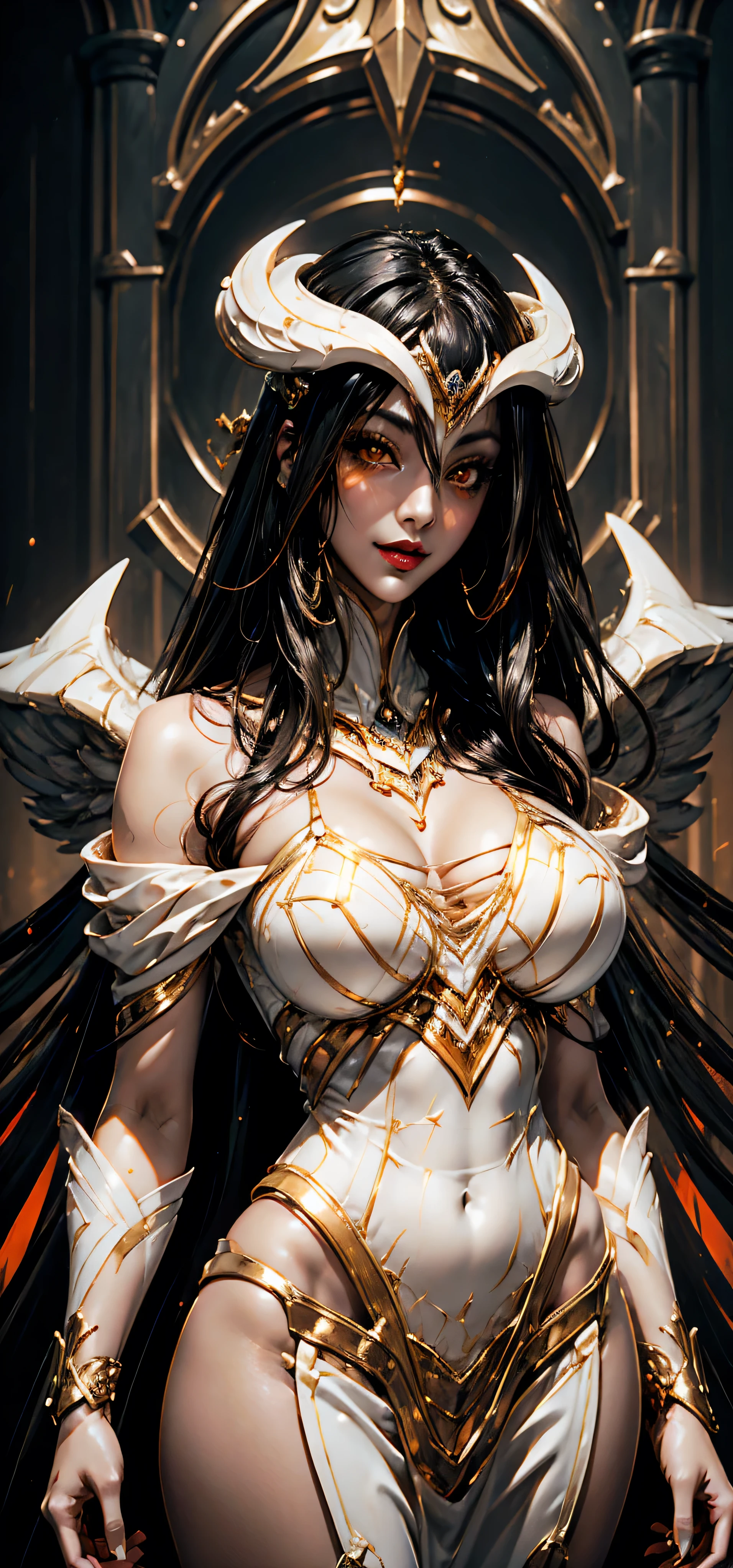 8k_wallpaper, extremely detailed eyes, extremely detailed body, (large masterpiece digital art), (detailed manga illustration), (detailed line art), ((perfect anatomy)), (intricate details:1.3), (ultra-detailed:1.3), (illustration:1.3), (sharp focus:1.3), (natural lighting:1.05), (vivid colors:1.3), (masterpiece), (best quality:1.4), (perfect anatomy:1.4), high quality, expressive eyes, full body, detailed face, beautiful face, perfect face, 1girl, dark skin, animal ears, black sclera, smile, colored sclera, breasts, solo, monster girl, black hair, (wolf ears), large breasts, curvy, wide hips, long hair, ((gold eyes)), claws, grin, fur, looking at viewer, collar, ((dynamic action pose)), tail, wolf tail, dragon horns, wings, sadistic smile, hair over eye, {regal outfit}, tiny top hat, (hellscape background), blue fire, curvy, china dress, dark skin,