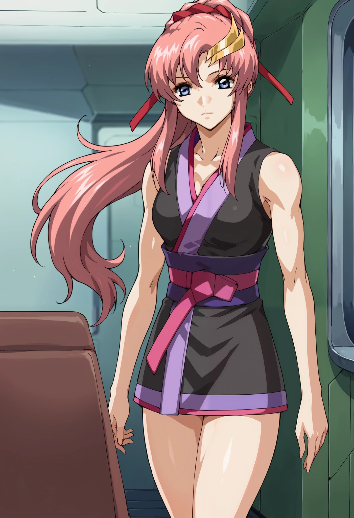 score_9,score_8_up,score_7_up,score_6_up,score_5_up,score_4_up,anime coloring,source_anime,anime,lacusmeer,1girl,solo,blue eyes,pink hair,long hair,ponytail,sidelocks,moon hair ornament,red hair ribbon, (sleeveless black kimono:1.4), standing,indoors,looking_at_viewer, (cleavage:1.1), (biceps:1.0), (bare arms:1.4), (medium breasts:1.3), (short kimono:1.3), (thighs:1.3)
