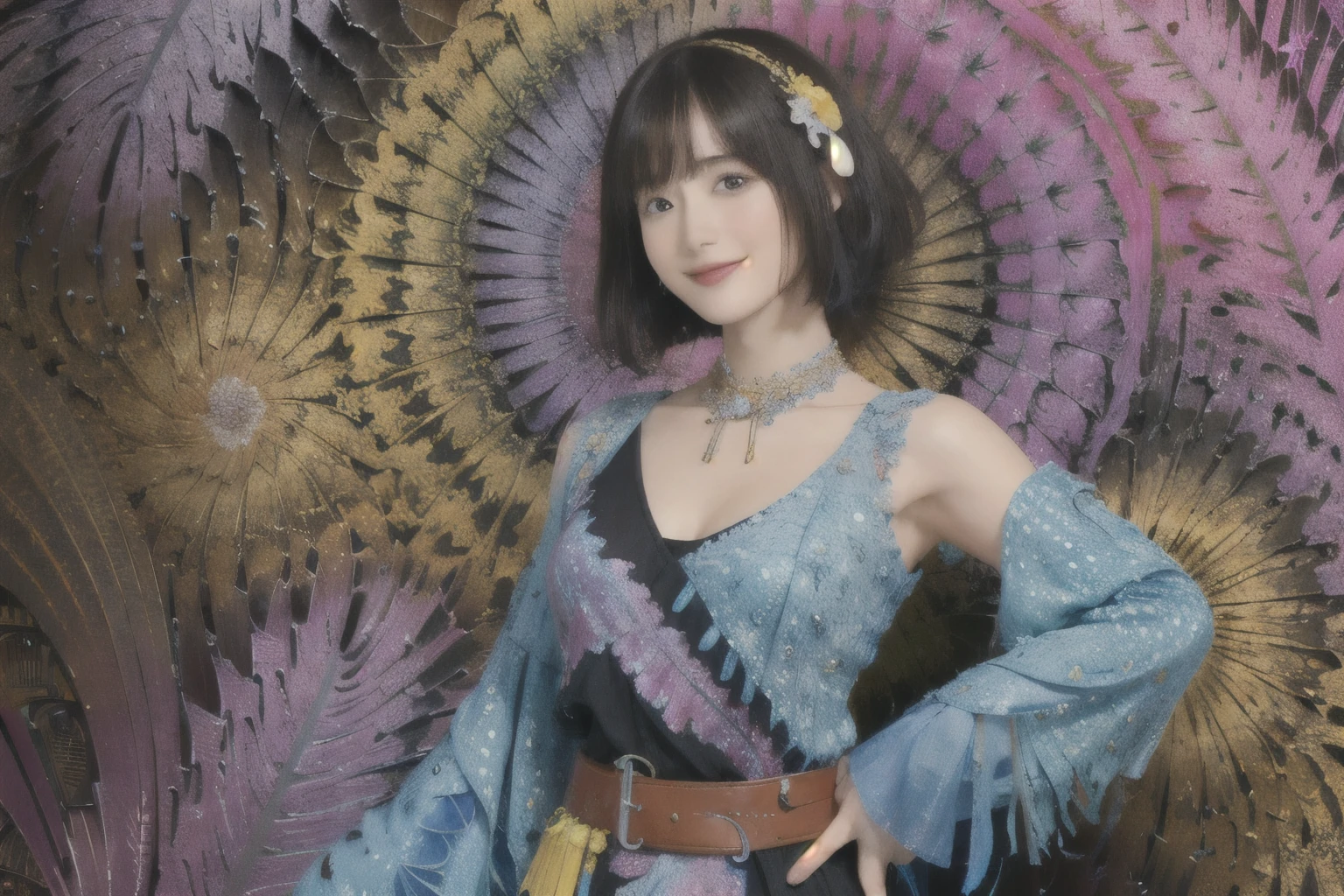 {Anime girl warrior with luminescent, short deep blue hair styled in intricate double buns, each adorned with golden filigree hairpins; her eyes shimmer like molten gold, radiating a warm, inviting glow:0.9}, 
{She is garbed in an casual battle outfit that melds maroon and gold accents, featuring elaborate golden embroidery that mimics ancient runes across the fabric. The outfit is cinched at the waist with a wide belt, boasting a large, gleaming red bow. She brandishes an elegantly crafted spear, its blade engraved with delicate symbols, while cradling a whimsical, wide-eyed teddy bear, dressed in a matching miniature warrior outfit, in her other arm:0.8}, 
[The background swirls with a dynamic interplay of fiery and aqueous elements, manifesting as abstract tendrils of blazing orange and deep azure, simulating an elemental dance that blurs the line between water and fire, creating an otherworldly vortex around her:0.7], 
{Rendered in a distinct anime style that exudes detailed, vibrant splash art quality reminiscent of acclaimed 'Mihoyo' and 'Onmyoji' art styles. The illustration boasts sharp, precise line work with a luminous color palette that brings every detail into stark, breathtaking focus:0.9}, 
{The scene is illuminated by bright, vivid lighting that casts dramatic shadows and highlights, enhancing the high-contrast, fantasy-like atmosphere. This dreamy, surreal ambiance is punctuated by light flecks that seem to dance across the scene, adding a magical, ethereal quality to the overall composition:0.8}