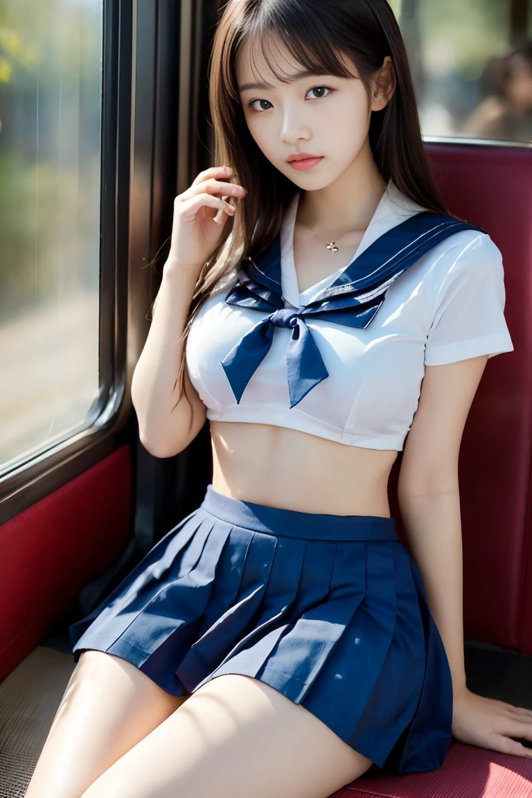 (highest quality:1.4), (hyper quality), (super detailed), Beautiful Girls, More than one person, So cute, wonderful face and eyes, esotropia, (hair is braided:1.2), eyes are looking elsewhere, Arching your back and pushing your chest forward, (Short-sleeved sailor uniform made of white and thin fabric:1.3, Pleated micro miniskirt with light blue gingham check:1.3), (Beautiful and incredibly big breasts:1.3), (slender body:1.1), (skinny thin legs), (Very thin waist), belly button, realistic skin texture, Transparent white skin, (bangs:1.3), bright and glossy lips, Beautiful goddess descends, beautiful background, golden ratio, conceptual art, Super detailed, Accurate, advanced details, Side view of sitting inside a crowded bus, sexy art, Surrounded by the summer sunshine, bright light, Super delicate illustration details, 8K wallpaper that integrates high-definition CG, RAW photo, professional photos, cinematic lighting, written boundary depth, (No bra in uniform:1.3), (You can see the shape of the nipple protrusions through the uniform.:1.2), (The nipple protrusions lift the uniform:1.2), (Her big breasts make her uniform stretch out:1.2), I&#39;m massaging my chest and getting stuffy, Cropped tops with fluttering hems:1.3, I can see the beginnings of cleavage:1.2, (High heels on bare feet), (Underboob is visible:1.4)