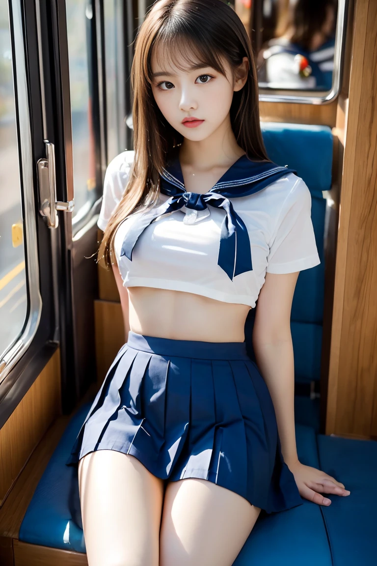 play sports often, (navy blue sailor uniform:1.2), (Navel exposed:1.2)、(Peach-colored lingerie:1.1)、(Cyberpunk settings: 1.2), compensate,, (1 girl: 1.4), highest quality, masterpiece, (reality: 1.2), young woman, lady, detailed face, fine eyes, fine hair, fine skin, looking at the viewer, dramatic, vibrant, sharp focus, 50mm, f1.2, EOS R8, (3/4 body: 1.2), (Inside the train in the background: 1.6), (highest qualityの詳細: 1.2), 8K HD,(spread legs:1.2),
