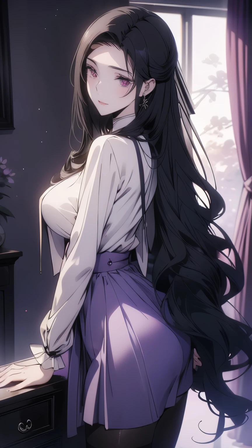 best quality, masterpiece, ultra-detailed, an extremely delicate and beautiful girl, huge filesize, artbook, indoor, curtain, black hair, long hair, big breasts, shirt, Long skirt, black silk stocking, high heels, thighband pantyhose, seductive smile, empty eyes, eyeshadow, purple eyes