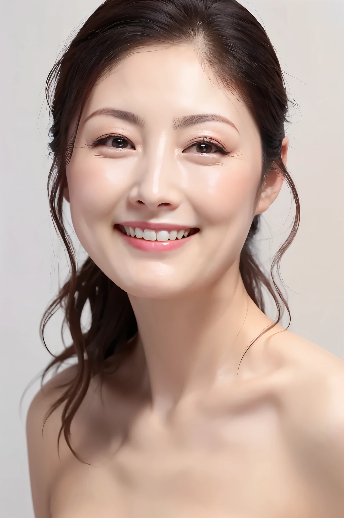 ((Best image quality, 8k, masterpiece:1.3)), A 50-year-old woman, Mature woman with wrinkles on her face:1.3, (Casual Hairstyles, Big Breastsの漏れなし:1.4), Nasolabial folds、Elderly, Low-cut bra，Ultra-fine face, Detailed eyes, double eyelid，smile，Small waist，Big Breasts，close，Chest close-up，White skin，Casual background，whole body