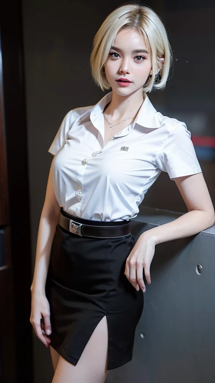 4K quality、最high qualityの傑作、A girl wearing thin silver glasses and a white shirt, (heavy makeup), Blurred city background at sunrise, short hair, detailed face, high quality, High resolution、(full shot:1.8), big breastini skirt、garter belt and black stockings、secretary、night view、dark room、room without lights