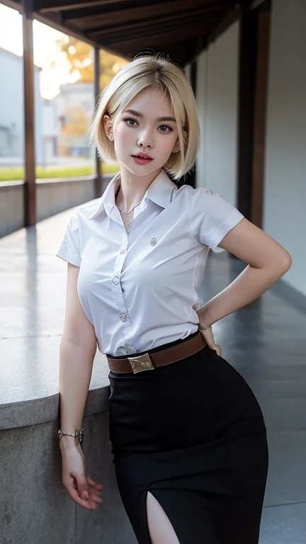 Pretty thai woman walking , (8k, best quality, masterpiece, ultra highres:1.2) Photo of Pretty thai woman beautiful, beautiful enchanting fashion contemporary painting with  , (1girl), (white shirt short sleeves), ((black pencil skirt)), belt, ((hand down)), blonde hair , short hair, , realistic skin texture, looks up, (nudity), round chin, 85 mm art lens, f 1. 2, sharp focus, 8 k high definition, insanely detailed, intricate, elegant, large breasts, black skirt
