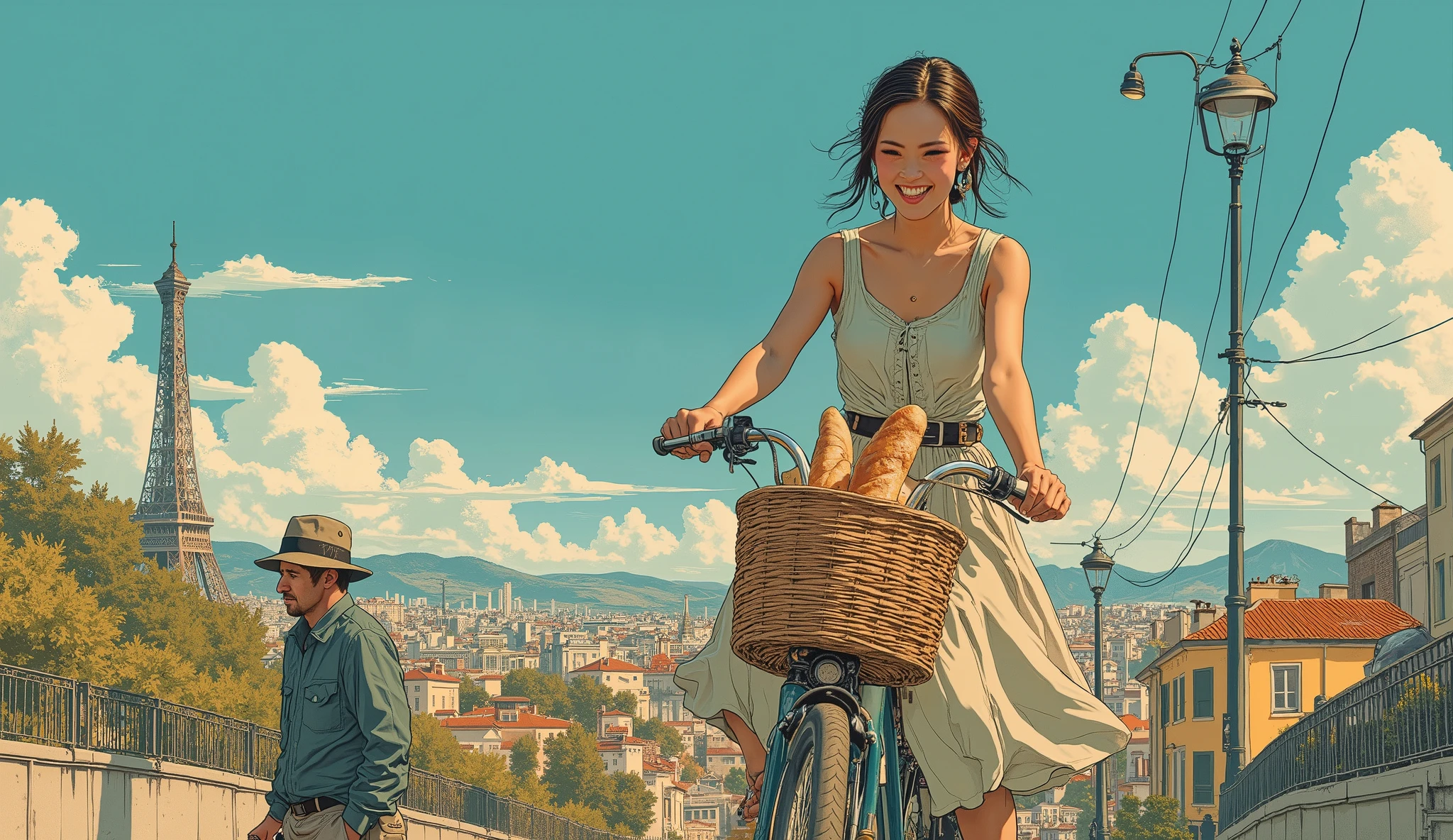 (best quality,8k,realistic,photorealistic:1.2), realistic skin texture, Montmartre Hill in Paris, France, a large breast and charming woman on a bicycle, fluttering skirt, a chest-length sleeveless shirt, good weather, clear sky, wonderful clouds, a big smile, a passing man in a hat greets you, A paper bag containing baguette bread is in the front basket of the bicycle