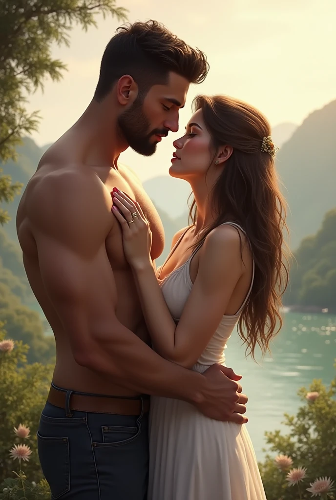A sexy and beautiful German man and woman, both age 20, woman wore pink colour langerie and man wore pink colour business suit,woman have gigantic boob 1:6, big cleavage, both are present in garden, couple pose, standing pose,very close to each other, masterpiece, realistic, detailed,8k, camera angle front,both are looking and kissing each other
