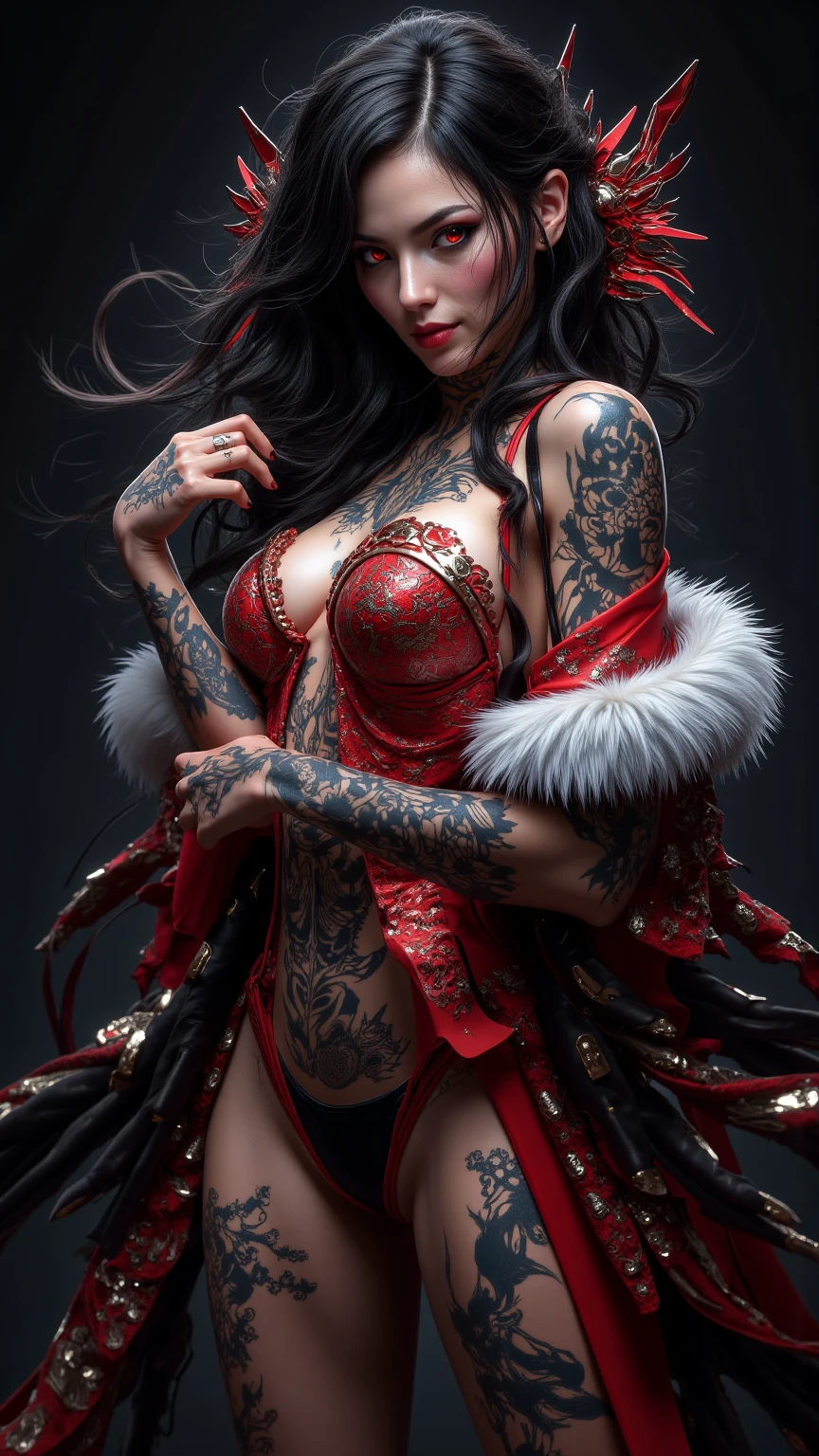 NSFW,Priscilla is a beautiful vampire., black fur, In the style of Boris Vallejo, high detailed vampire dress, high detail face, high detailed leather, mature athletic body, perfect proportions, Heavy metal aesthetics, dark vampire castle interior background, high quality, masterpiece, realistic photo, intricately detailed, 8k, HdR, shallow depth of field, wide light, high contrast, Backlight, light flares, sharp focus, Raw color photo, looking to the camera, cold colors, various poses