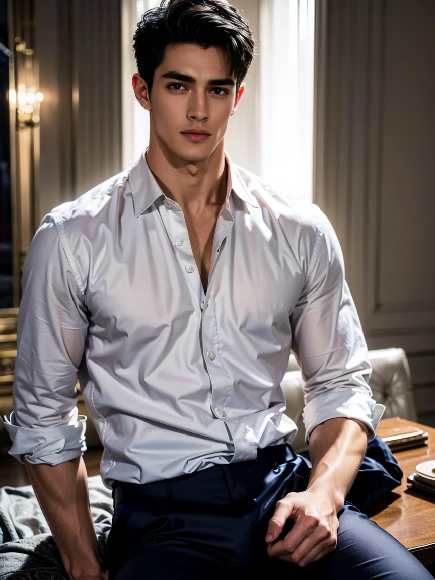 A sexy british man with black hair, smiling, he is sitting in a chair next to a window, looking at viewers seductively, morning time, he has a( perfect penis 0.8), masterpiece,homoerotic ,(detailed face,eyes and expression 1.2),( short beard 0.4), wearing a white casual shirt, unbuttoned shirt, cleavage ,nsfw,homoerotic , head to thigh focuse