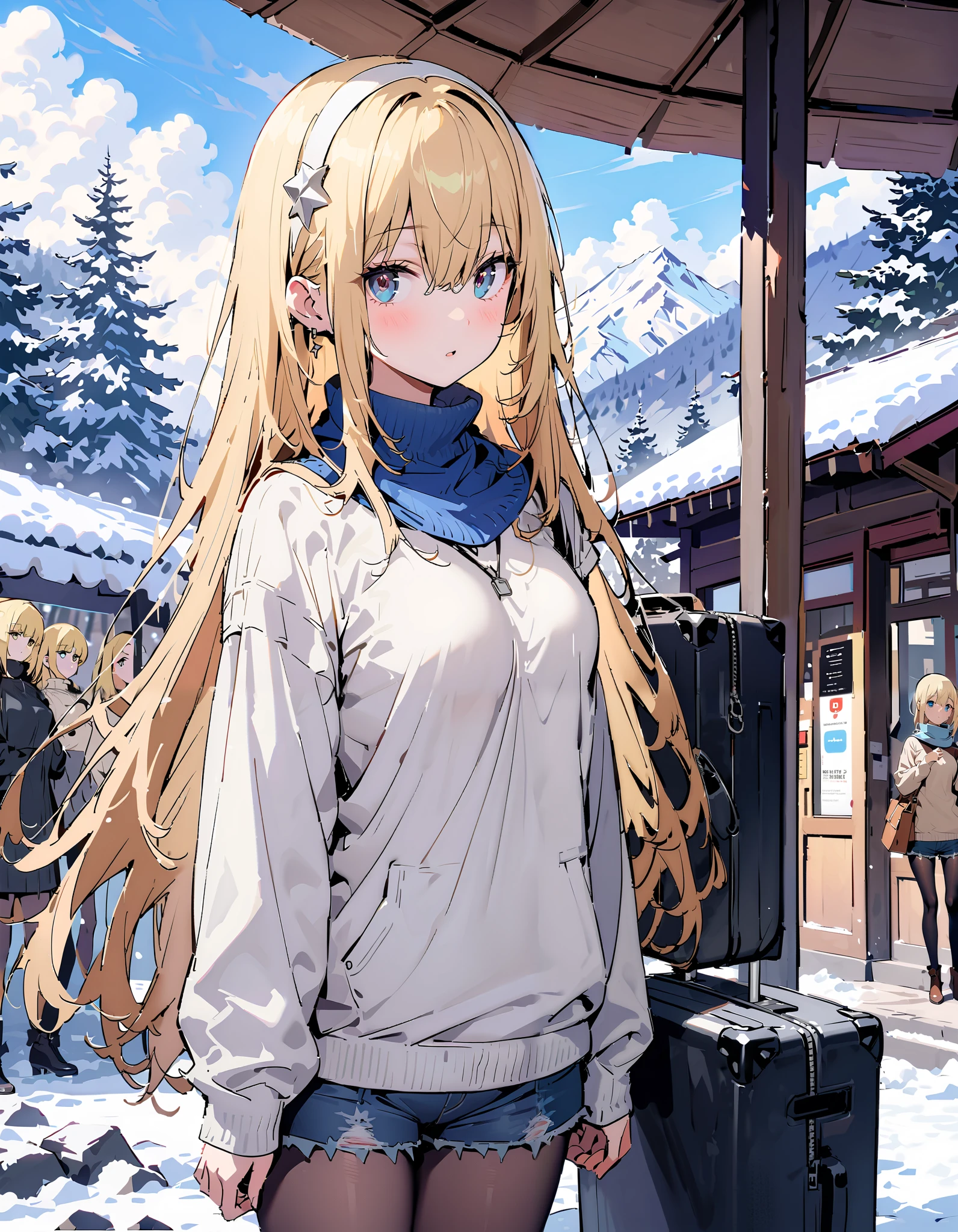  Eyes Wallenstein,  Eyes Wallenstein, Alone,  blond hair left and right,  , white hair band , long hair,  yellow eyes,White Down Coat ,blue scarf , open your mouth, White Breath,( sweater  :1.2),(  turtleneck:1.2), denim micro shorts ,black pantyhose, suitcases, is standing, Bbo~,snow,whole bodyがイラストに入るように,
break outdoors, bus stop,
break looking at viewer,whole body,
break ( Masterpiece:1.2), top quality , kampala, Unity 8k Wallpaper,(shape:0.8),(  fine, beautiful eyes  :1.6),It's a person ,whole body写真,CG Details , ( perfect hands, Complete Anatomy),