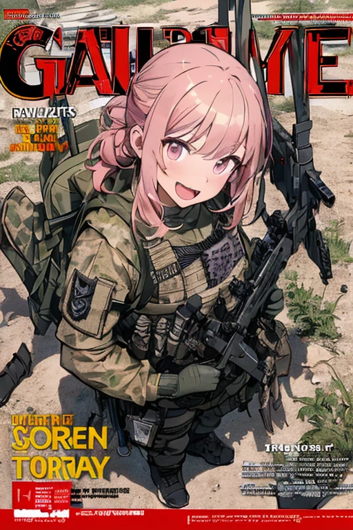 Slim type、small tits、cover one'listen to your ears with both hands、Female Android、Red hair shortcuts、Woman in camouflage combat uniform、Laughing face、