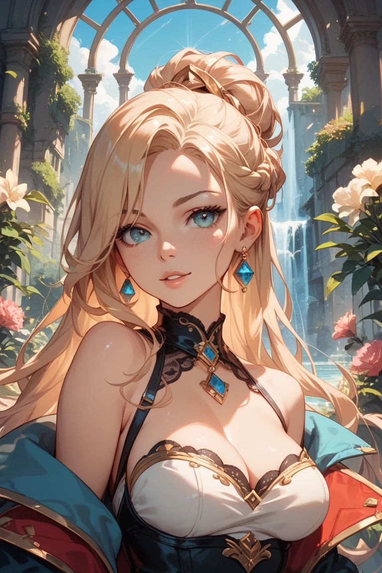 closeup portrait, edgFD, wearing edgFD, fantasy_dress, a dress made out of stained glass, 1girl, solo, smile, bare shoulders, blonde hair, jewelry, hair ornaments, glitters, smile, looking at viewer, stained glass background, outdoors, masterpiece, best quality, professional illustration, amazing, official art, hires, absurdres, <lora:edgFantasy_Dress:1>