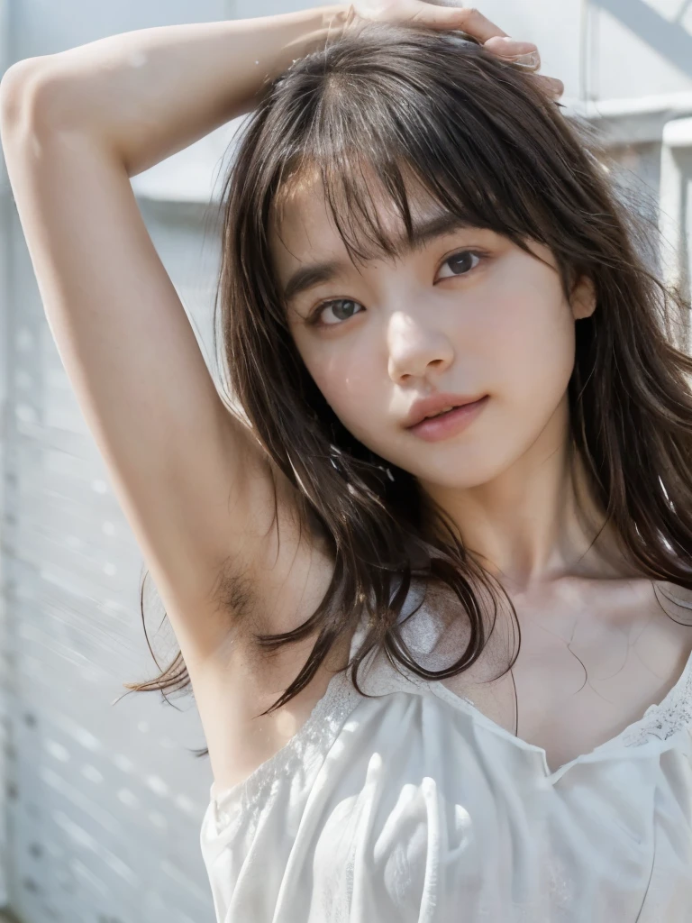 1girl, (Japanese girl, hands behind head, hairy armpit exposed), ((white camisole dress, lace)), (flat chest:1.3), (hairy armpits:1.4, armpit hair:1.4), pale skin:1.2, white wall, studio lighting, looking at viewer, Realistic, (real picture, Intricate details), natural skin texture:1.5