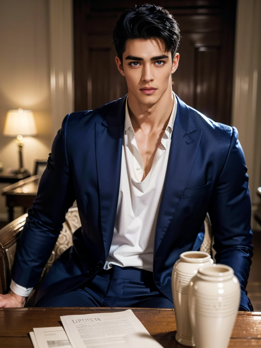 Ultra wide angle，((masterpiece)),((best quality)),8K,High Detail,Very detailed, 2 handsome muscular boys，Very manly，blue eyes，Stylish short hair，Vivid male image, fashion pose, masculine expression，Real skin texture, (Perfect hand details)，Full and detailed hand details，Light,
Royal blue style couple，White male model photos