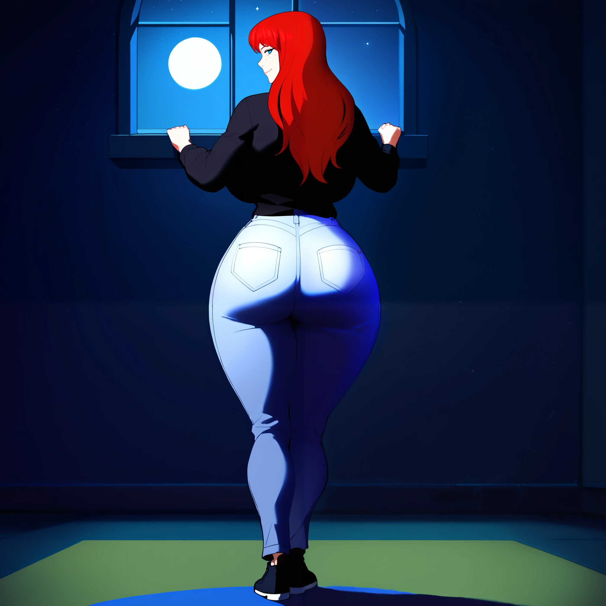 score_9, score_8_up, score_7_up, score_6_up, score_5_up, score_4_up, BREAK, 1girl, MJ, freckles arcoss face, blue eyes, dark red hair, long sleeve black shirt, dark blue long jeans, blue black shoes, long straight hair, 1girl, ((huge breasts, huge butt, thick thighs, curvy hips)), full body view, back view, highly detailed, masterpiece, standing, seductive smile, inside new york apartment background, dark blue walls, blue carpet, at night, moon shining down through window.