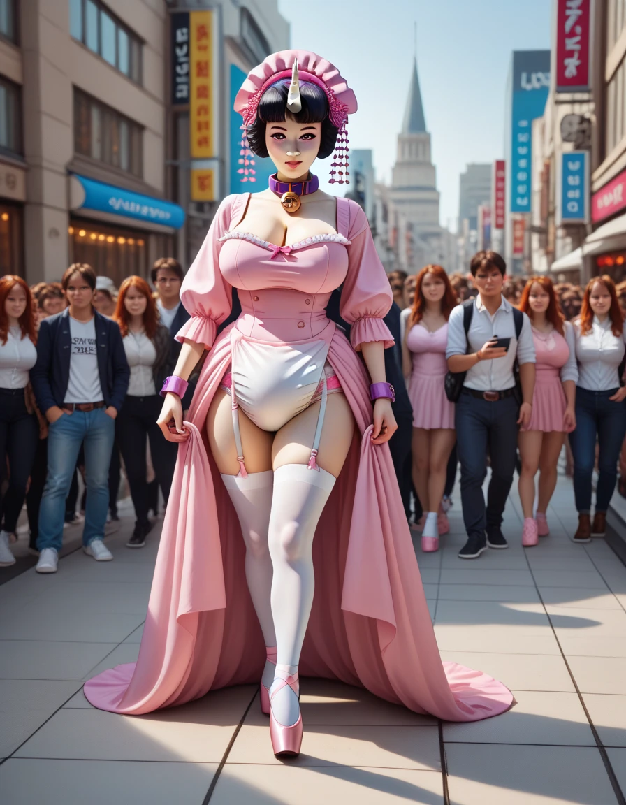 a young cyber fashion girl is standing on the shibuya load in japan, cleavage, hyper real, photo real, high contrast, 8k, high resorution
