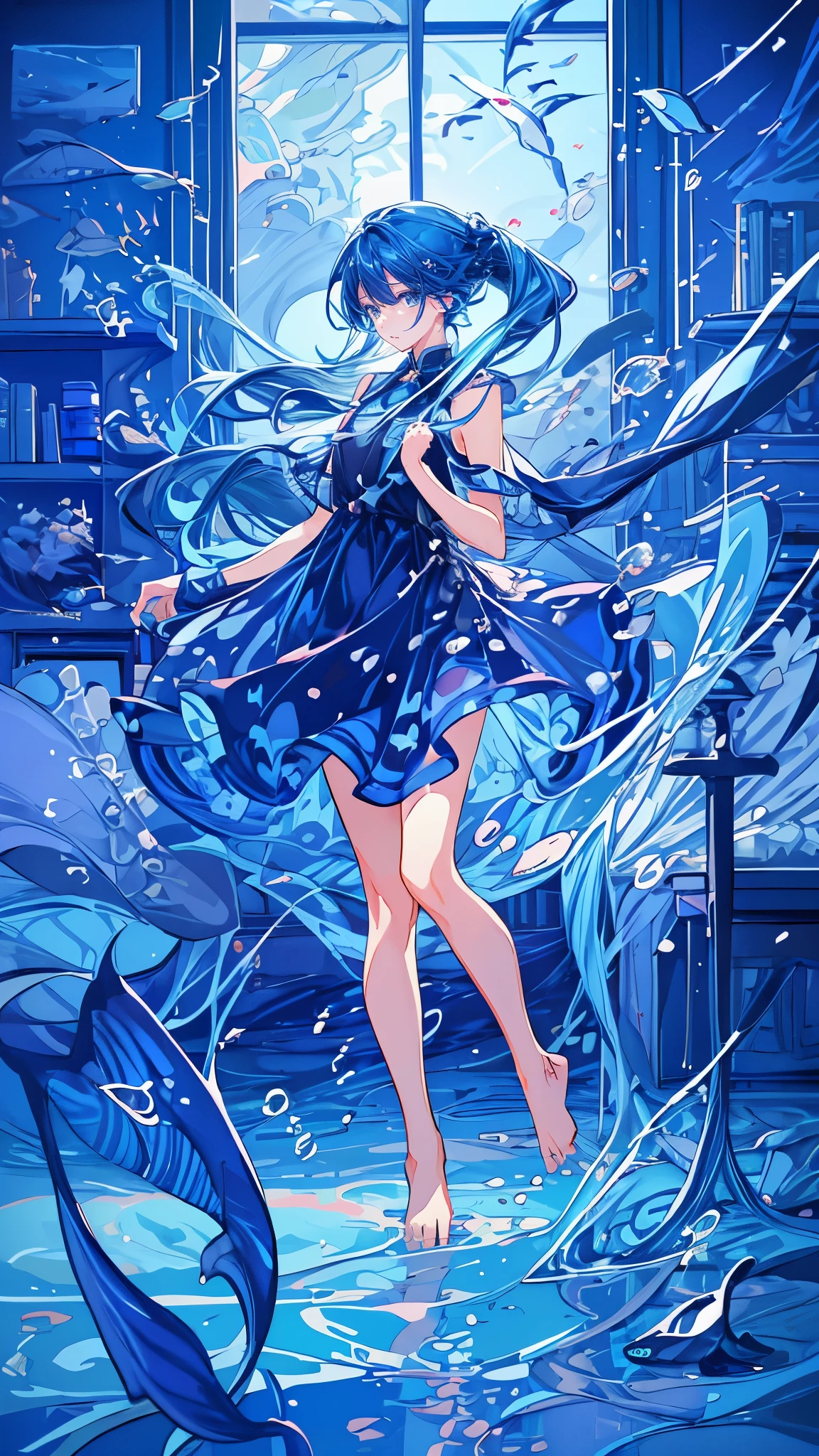 very detailed face、4K、8k、((1 girl with long blue hair:1.4)),((Beautiful blue eyes))、Full body solo shooting、(( with poison:1.4))、seabed、deep sea、Floating in the sea、( splashes :1.3)、Lots of small fish、(( long dress、 barefoot))、Floating、A lot of bubbles、bubble、Whales、jellyfish、Jellyfish、Coral、Seaweed、Starfish、Various fish 、Blue Fish、School of sardines、Sink、Mysterious、 Fantastic、 glitter、 splash floating in the sea