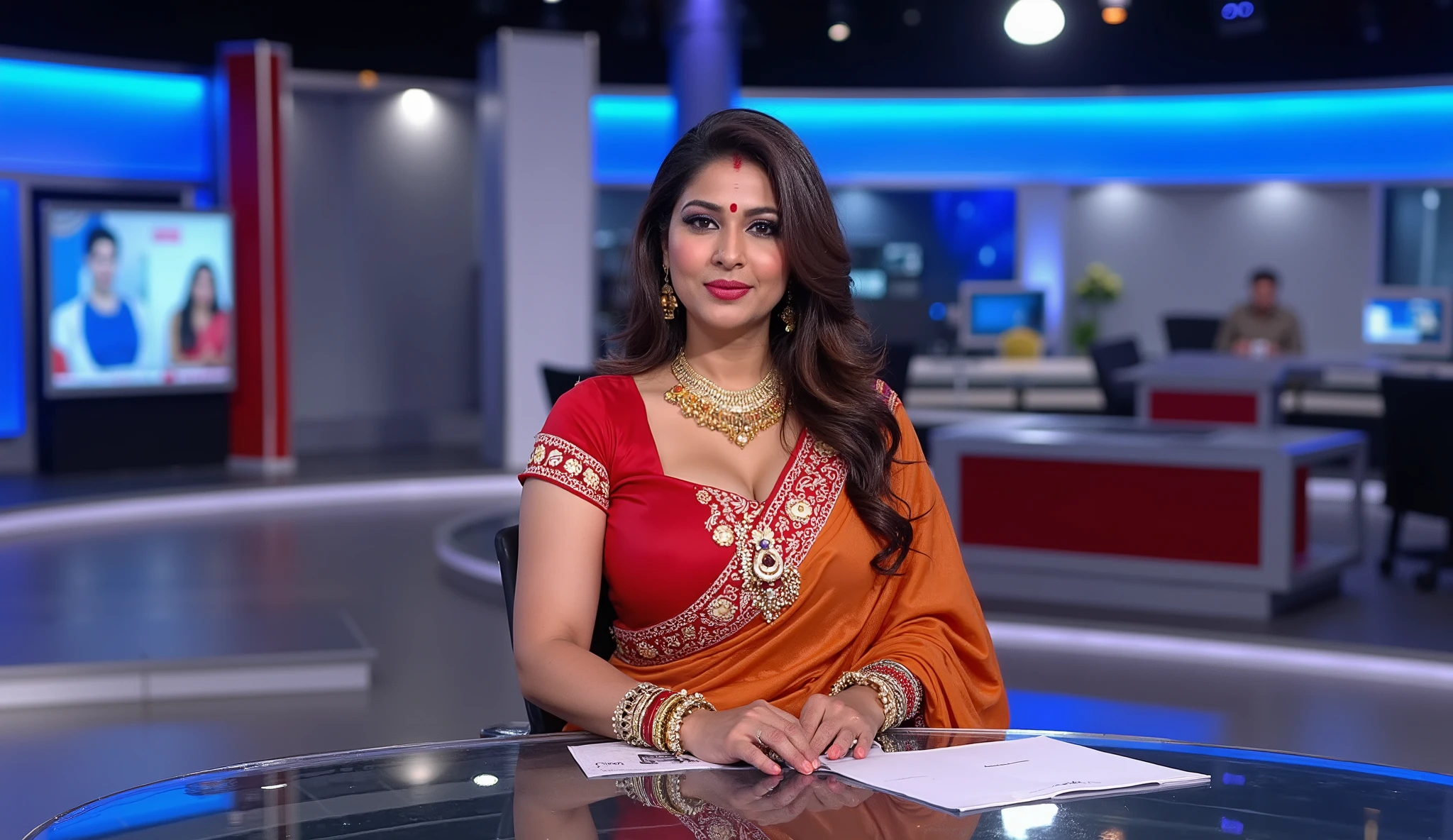 Bride saree makeup, big cheast deep neck tight fitting bra saree with displaying cleavage and display navel and fat arm and wearing sitting in dominant pose and she is holding whip in her right hand in full body view and red bindi on her forehead and also wearing jewellery
(hairy armpit :224421.2214413),
A professional Indian news anchor woman on a modern news set. She is wearing traditional Indian attire, colourful saree, with a microphone in hand. The news studio is well-lit and contains a large news desk and multiple screens displaying various news graphics. Her confident demeanor shows that she is experienced in her role.
