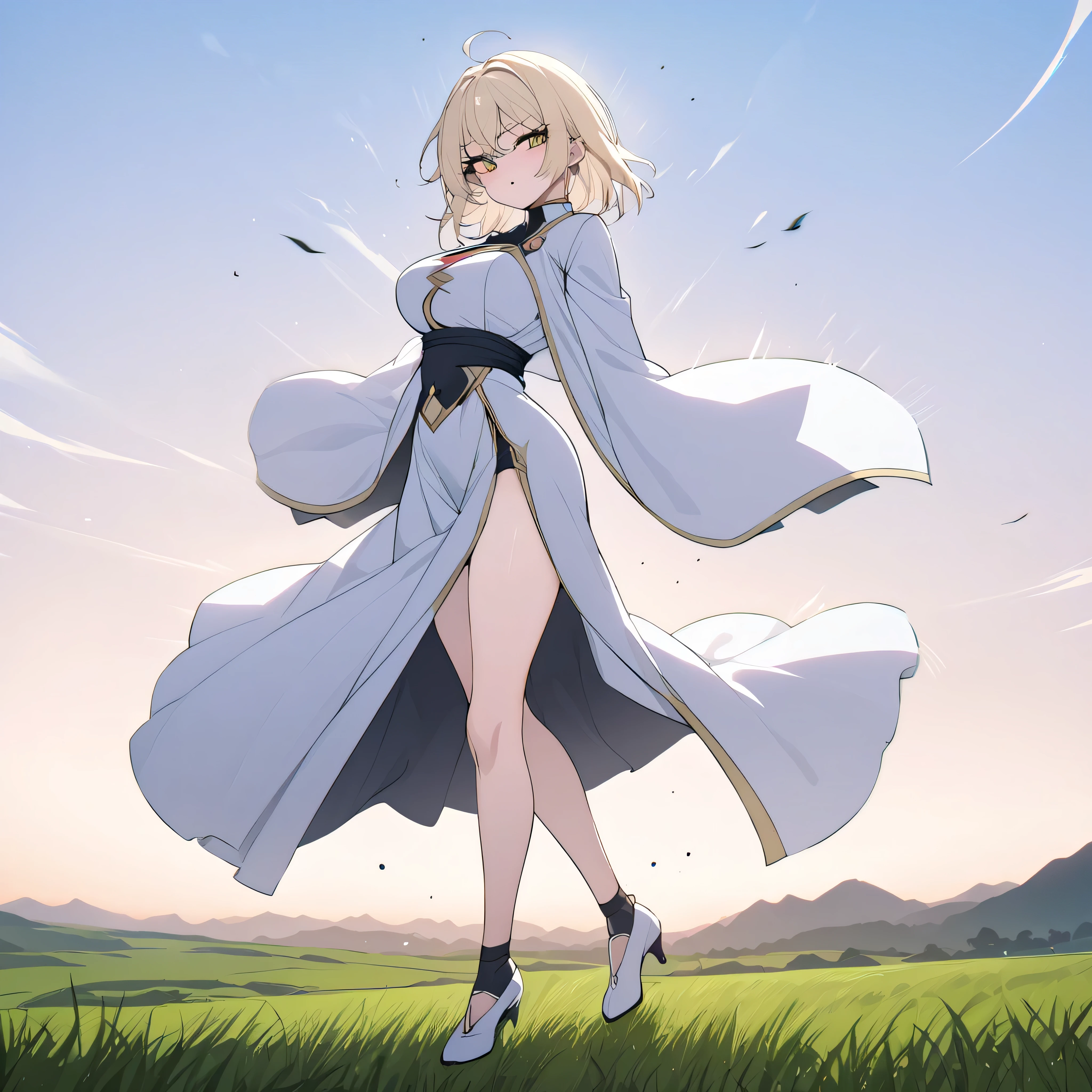 masterpiece, landscape, fantasy, (pythoness), BREAK, solo, 1 skinny girl standing, arched back, (bouncing large breasts), tiptoe, pigeon toed, looking at viewer, BREAK, narrow shoulders, (large breasts), (too short torso), (too short waist), too narrow waist, very small stomach, skinny hip, skinny thighs, skinny legs, BREAK, (flapping long robe:1.2), (flapping long dress under robe:1.1), dress cinches underbust