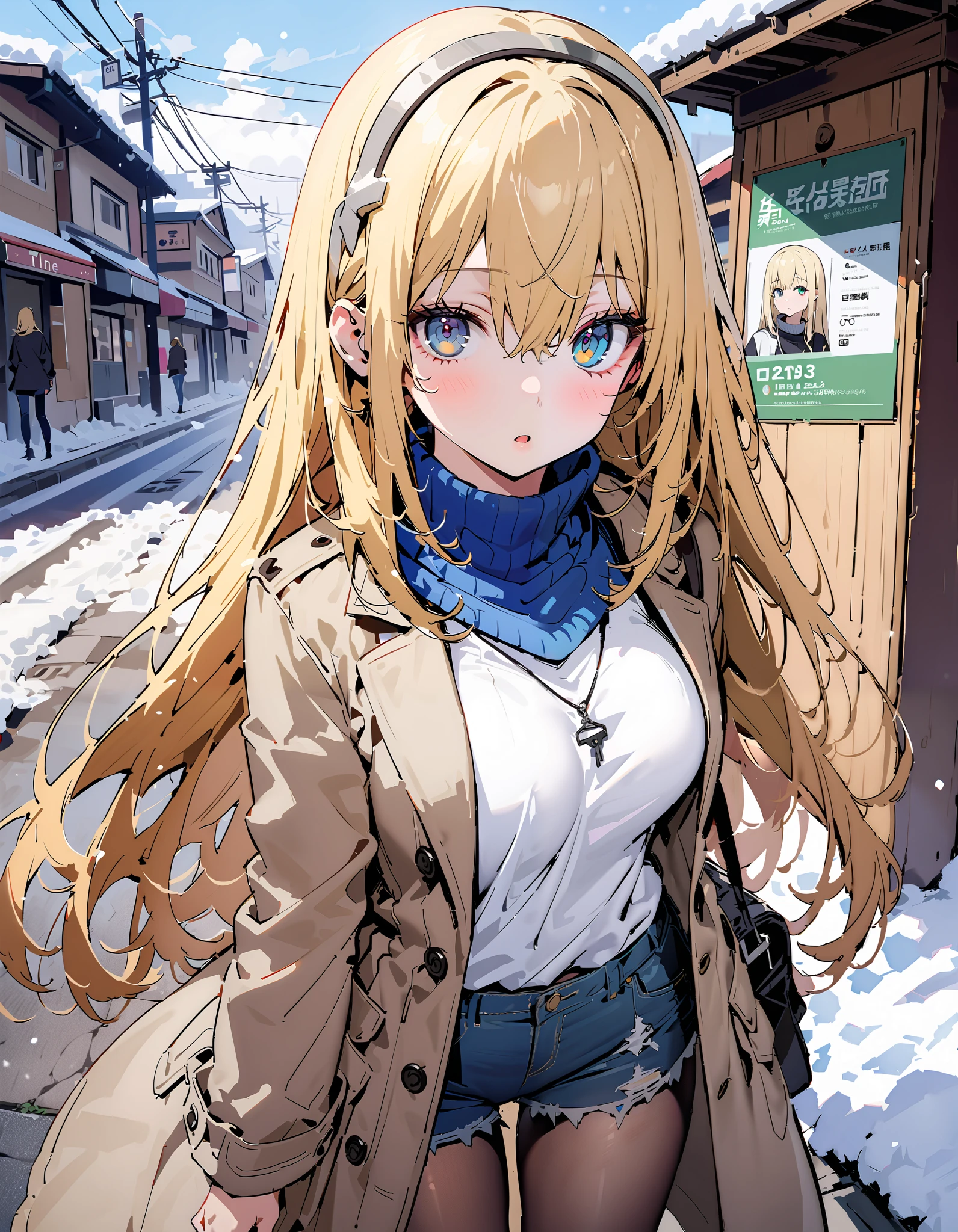 Eyes Wallenstein,  Eyes Wallenstein, Alone,  blond hair left and right,  , white hair band , long hair,  yellow eyes,White Down Coat ,blue scarf , open your mouth, White Breath,( sweater  :1.2),(  turtleneck:1.2), denim micro shorts ,black pantyhose, suitcases, is standing, Bbo~,snow,whole bodyがイラストに入るように,
break outdoors, bus stop,
break looking at viewer,whole body,
break ( Masterpiece:1.2), top quality , kampala, Unity 8k Wallpaper,(shape:0.8),(  fine, beautiful eyes  :1.6),It's a person ,whole body写真,CG Details , ( perfect hands, Complete Anatomy),