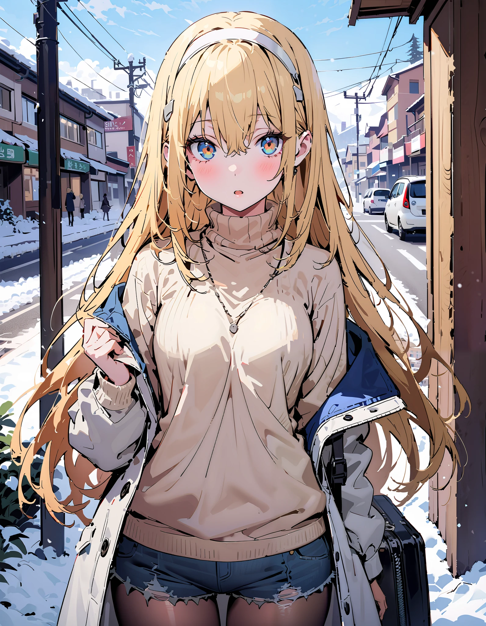 Eyes Wallenstein,  Eyes Wallenstein, Alone,  blond hair left and right,  , white hair band , long hair,  yellow eyes,White Down Coat ,blue scarf , open your mouth, White Breath,( sweater  :1.2),(  turtleneck:1.2), denim micro shorts ,black pantyhose, suitcases, is standing, Bbo~,snow,whole bodyがイラストに入るように,
break outdoors, bus stop,
break looking at viewer,whole body,
break ( Masterpiece:1.2), top quality , kampala, Unity 8k Wallpaper,(shape:0.8),(  fine, beautiful eyes  :1.6),It's a person ,whole body写真,CG Details , ( perfect hands, Complete Anatomy),