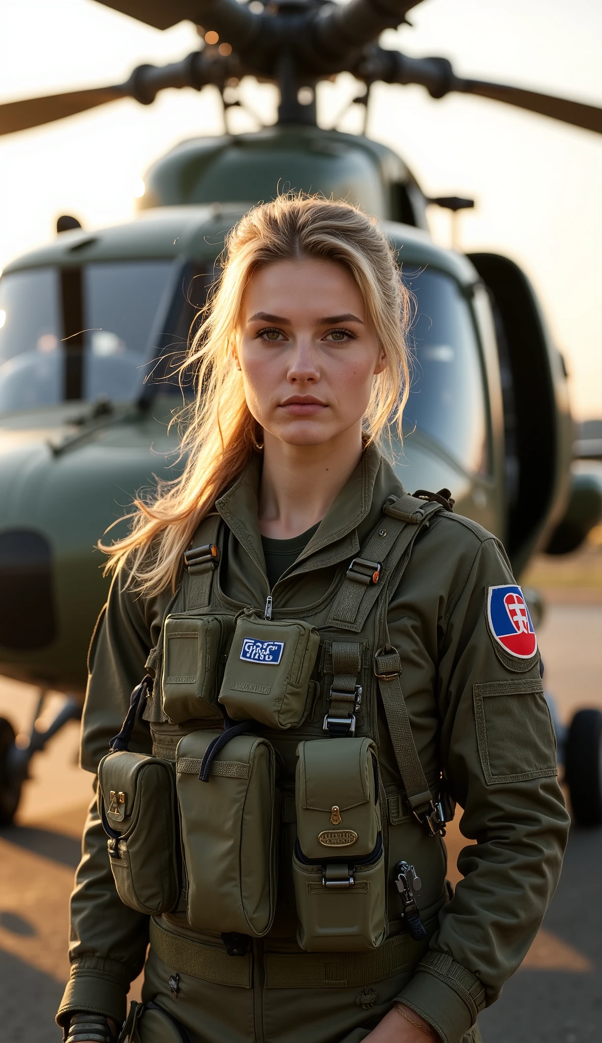 A beautiful 20-year-old Slovakian female helicopter pilot stands with a striking and confident pose, sexy, big boobs, facing forward in front of the most advanced combat helicopter in her country. Her face radiates charm, cuteness, and charisma, with sharp yet soft features that blend strength and elegance. Her long blonde hair is neatly tied back, emphasizing her disciplined and professional demeanor. She wears a high-tech pilot uniform, adorned with Slovakia’s air force insignia and tactical gear designed for elite combat aviators.
Her stance is powerful yet graceful, with one foot slightly forward, shoulders squared, and her hands positioned in a way that highlights both confidence and readiness. Her gaze is direct and unwavering, as if prepared for a crucial mission. Behind her, the cutting-edge combat helicopter stands as a symbol of technological advancement, equipped with reinforced armor, weaponry, and national insignias.
The cinematic lighting enhances the dramatic atmosphere, with sunlight casting dynamic shadows on the airfield. The metallic body of the helicopter reflects the warm hues of the sky, creating a visually striking contrast against her figure. The wind subtly lifts strands of her blonde hair, adding a sense of movement. This image captures the essence of strength, beauty, and national pride, portraying a modern warrior of the skies in an awe-inspiring composition.