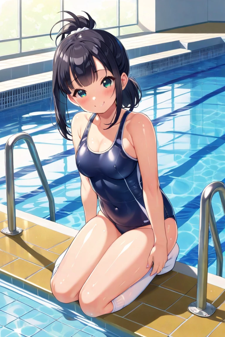 (young girl ,short stature,gyaru)) ,flat chest,black hair side tail,nsfw,plump,((schoolswimsuit)),,poolside,many boys surround,penis,stand,out the ass,lock side