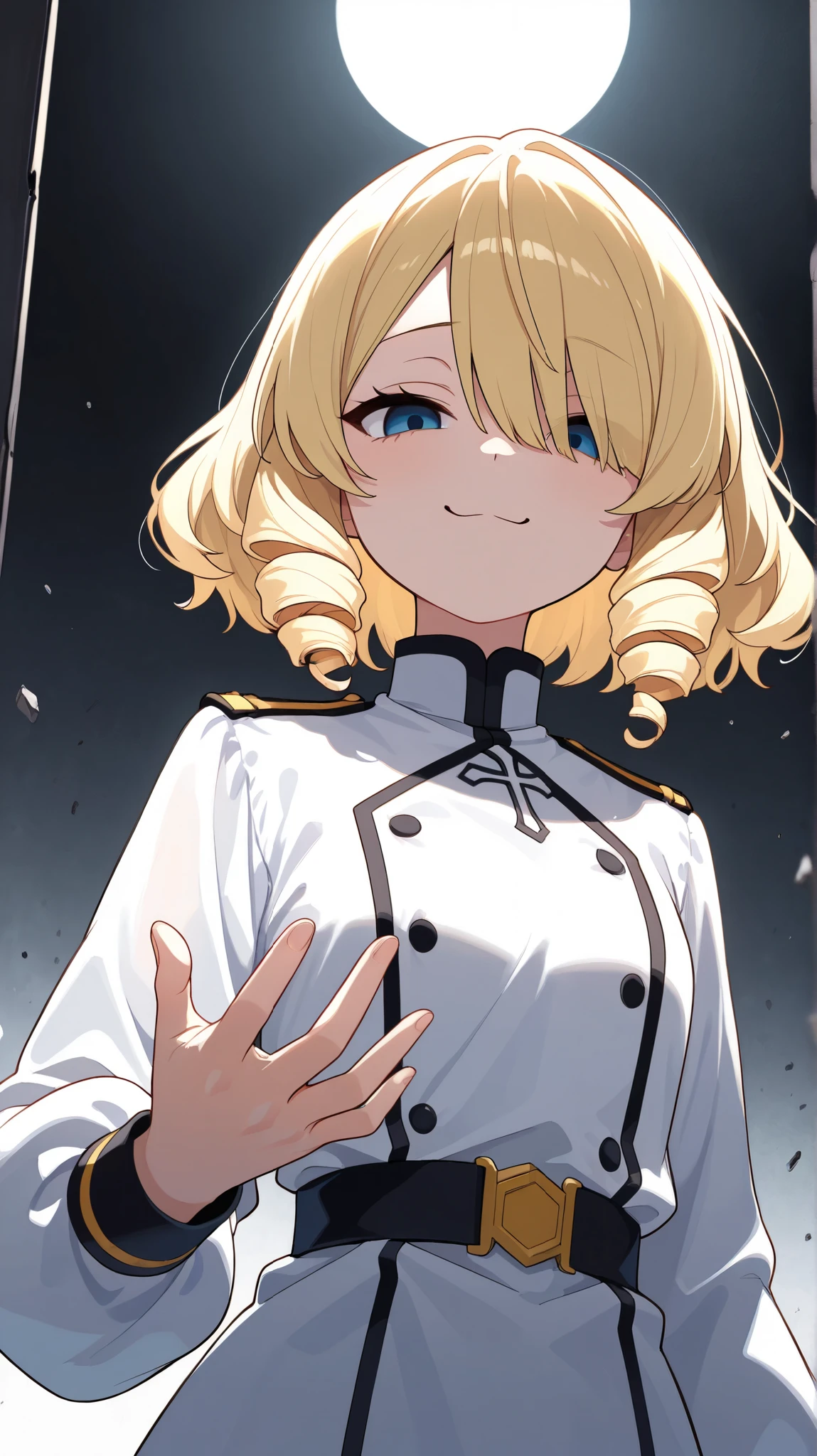 (score_9, score_8_up, score_7_up), ultra-detailed, detailed face, focus on upper body, dynamic angle, dutch angle shot, (looking at viewer),
Solo, a girl, a smug expression, blonde, short hair, drill hair, drill sidelocks, hair over one eye, blue eyes, slant eyes, narrow eyes, military jacket, white military dress and puffy long sleeves,
BREAK,
White lace with see-through background, anime, illustration, masterpiece, best quality, detailed, mystical atmosphere, pastel academia, soft-edged, soft surface, backlighting, moon light, moody lighting, underlighting, sharp shadows, fast shutter speed, 2D Anime, Best Hands, Best Hand, 135mm, F4.0, SONY FE GM, best hand