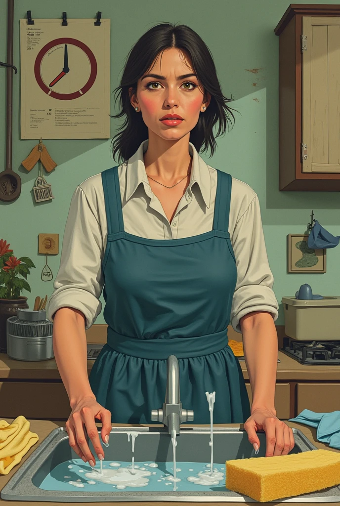 mature woman, retro, warm retro colors, wearing dress and apron standing in kitchen, large breasts, black hair, updo, makeup, looking at viewer, <lora:IncaseNewAny:0.85>