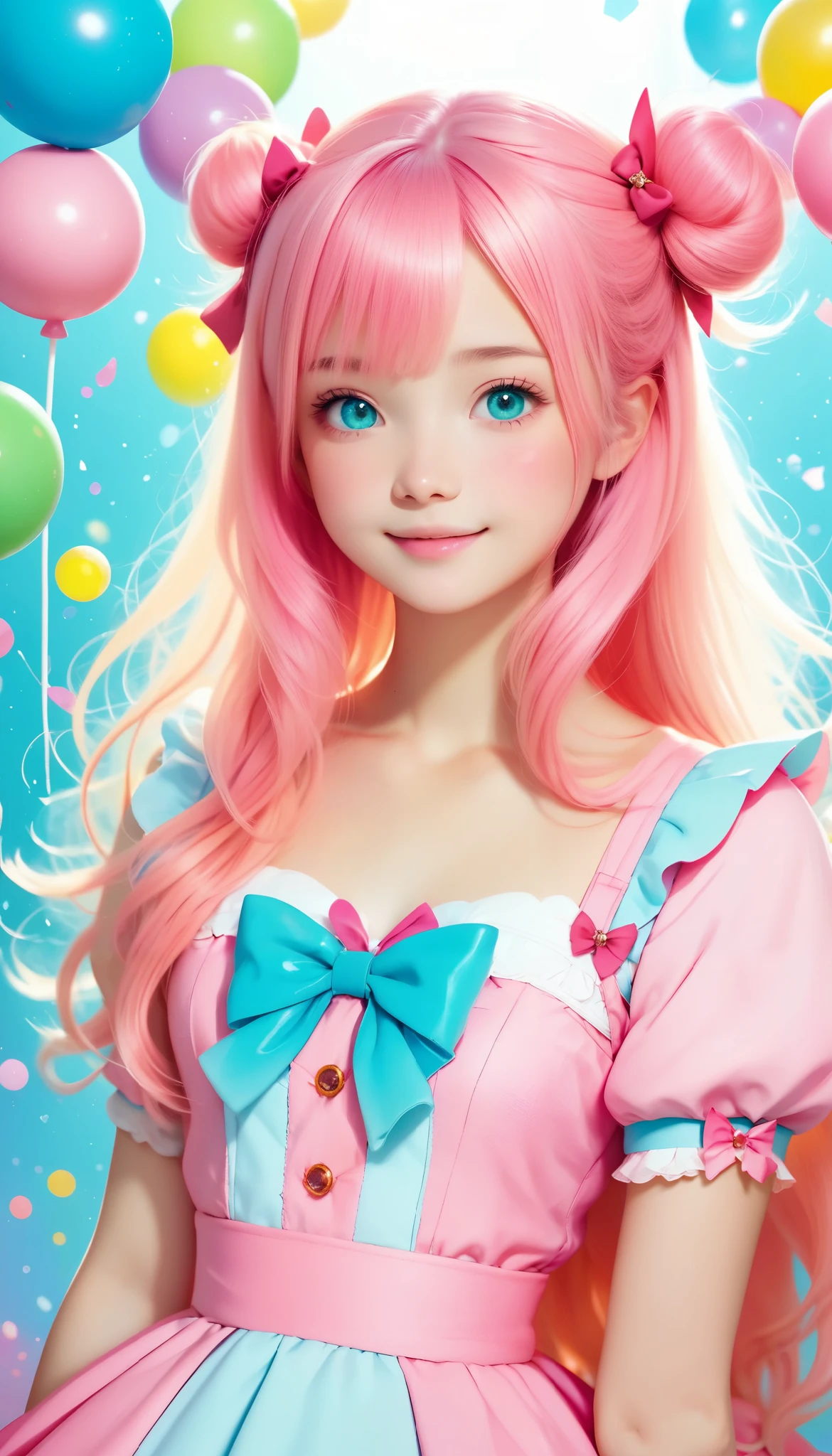anime girl in a dress with long hair and a bow,  cute cute girl,  Cute Anime Girls ,   pastel with the image of pink twin tail hair and cyan eyes ,  Cute Realistic Portrait ,  Cute Anime Manga Style , Candy Girl,   soft animated illustration with your mouth on a pillow ,  Cute Anime Girls  portraits, Candy Pastel, , Splash Art Anime , Magical Girl Portrait ,  Cute Anime Girls  portrait