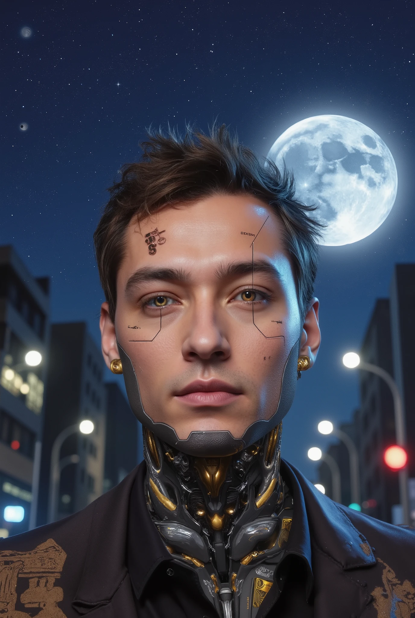 Photo, close-up, in the center of the frame is a human-like cyborg robot against the background of an urban evening landscape with myriads of stars in the sky and a huge, very large moon. An animated bot. A hybrid cyborg-style creation. Combining human and machine qualities. He has a human shell with some cybernetic improvements: he looks modern and technologically advanced.Its mechanical components feature a sleek, minimalistic design, elegant lines, and lighting that changes depending on the mood or context of communication. Its "eyes" are displays displaying various emotions or information, and its body is made of light metal materials with a slight sheen. 
He looks like a botanist or a scientist.  The appearance may be gentle and friendly, with a slight smile on his face to create an atmosphere of comfort and trust. The types of Jared Leto and Jude Law were used as a prototype. Maximum detail, close-up, waist-high. Night, stars, realism. Digital photo. Professional processing.